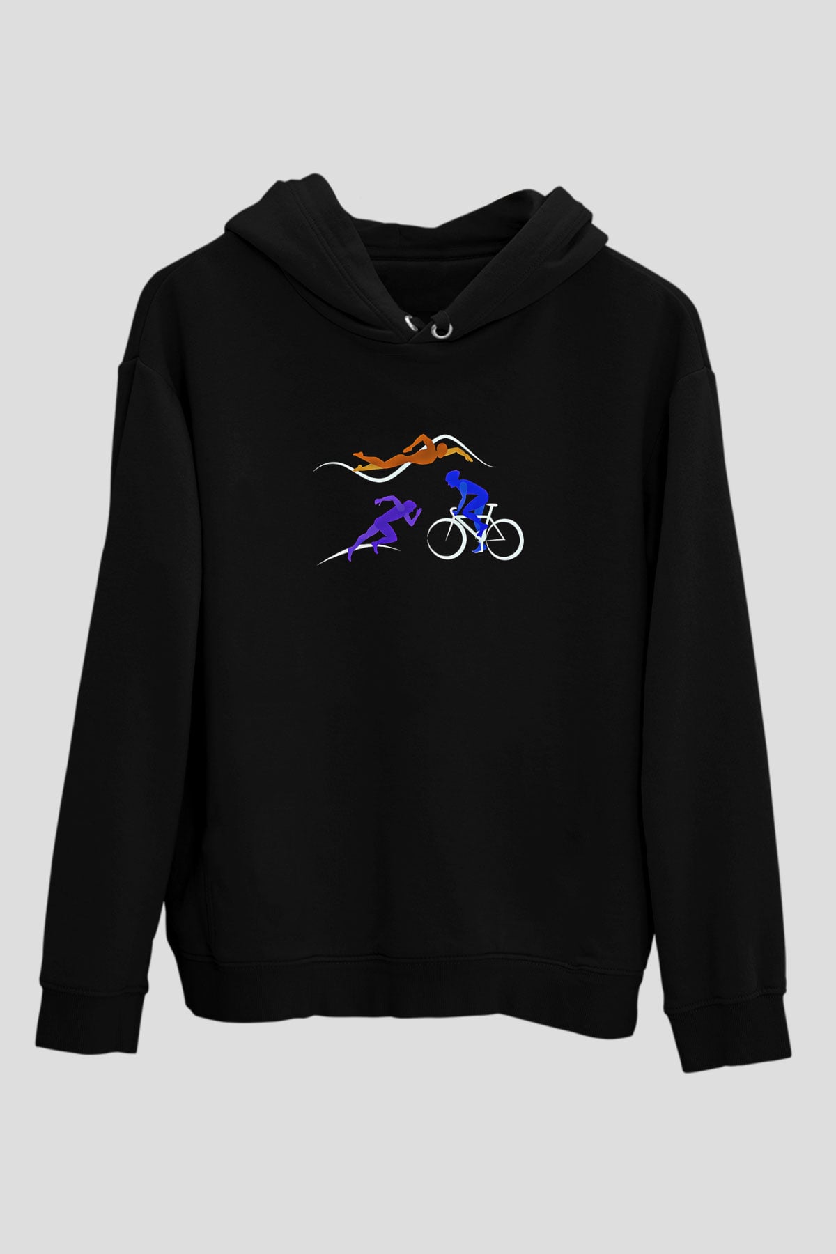 Triathlon Baskılı Unisex Siyah Kapüşonlu Sweatshirt
