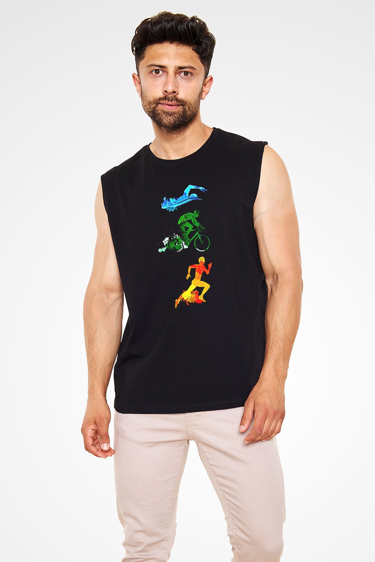 Triathlon Baskılı Unisex Siyah Kolsuz Tişört