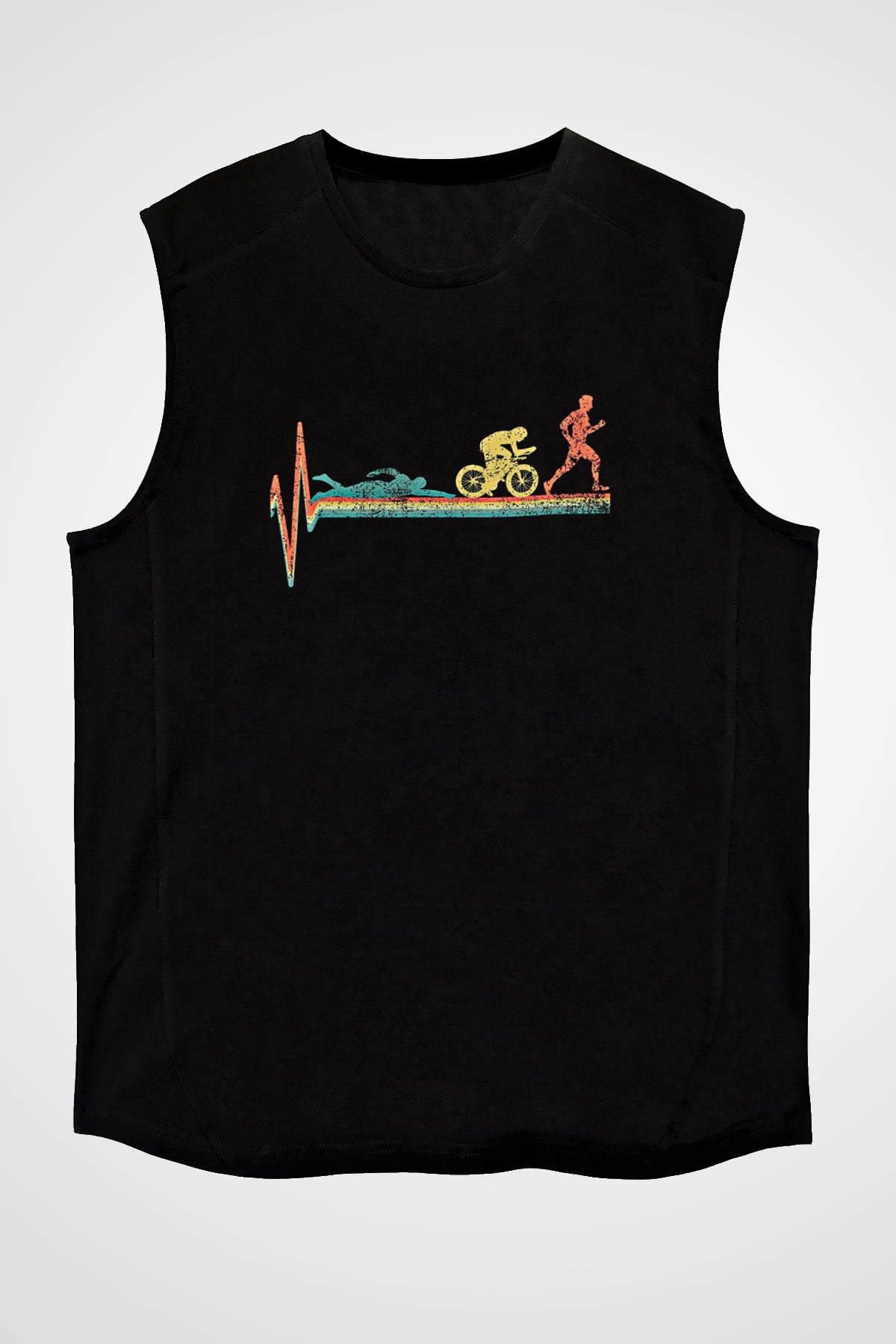 Triathlon Baskılı Unisex Siyah Kolsuz Tişört