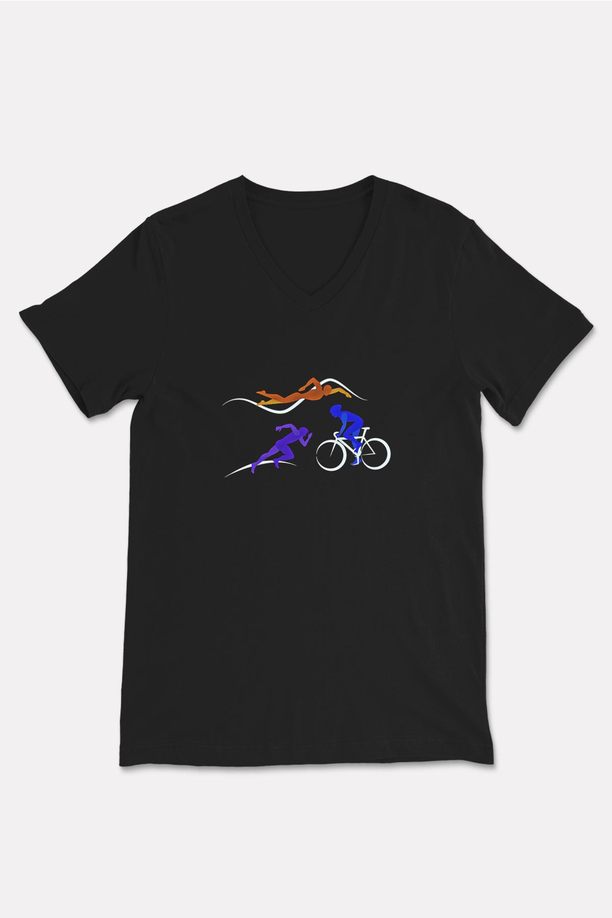 Triathlon Baskılı Unisex Siyah V Yaka Tişört