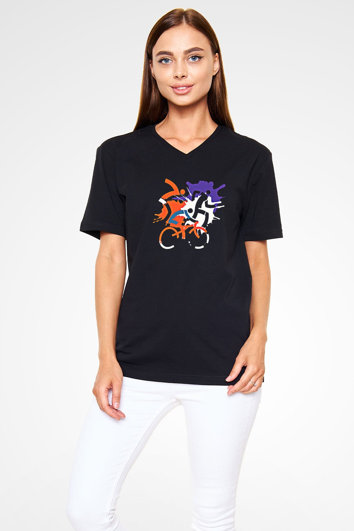 Triathlon Baskılı Unisex Siyah V Yaka Tişört