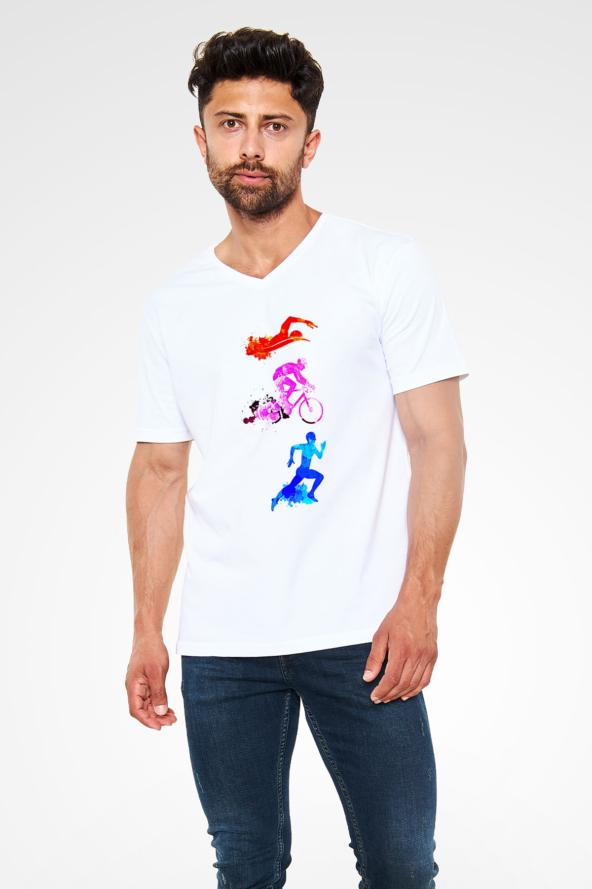 Triathlon Baskılı Unisex V Yaka Tişört - Tshirt