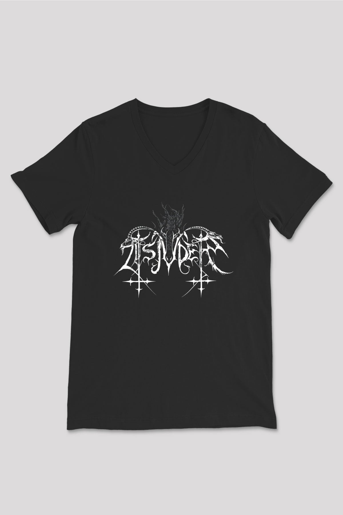 Tsjuder Baskılı Unisex Siyah V Yaka Tişört - Tshirt