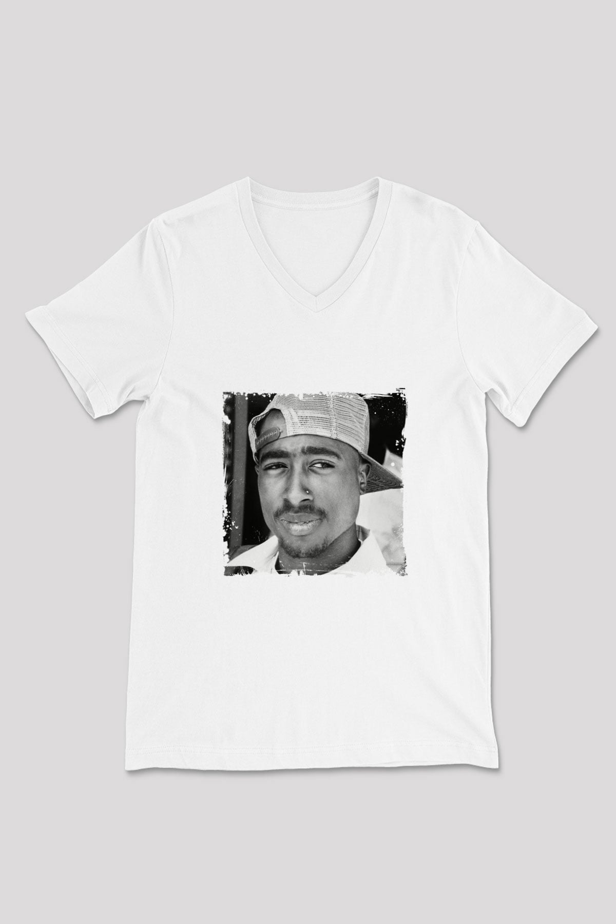 Tupac Baskılı Beyaz V Yaka Unisex Tişört