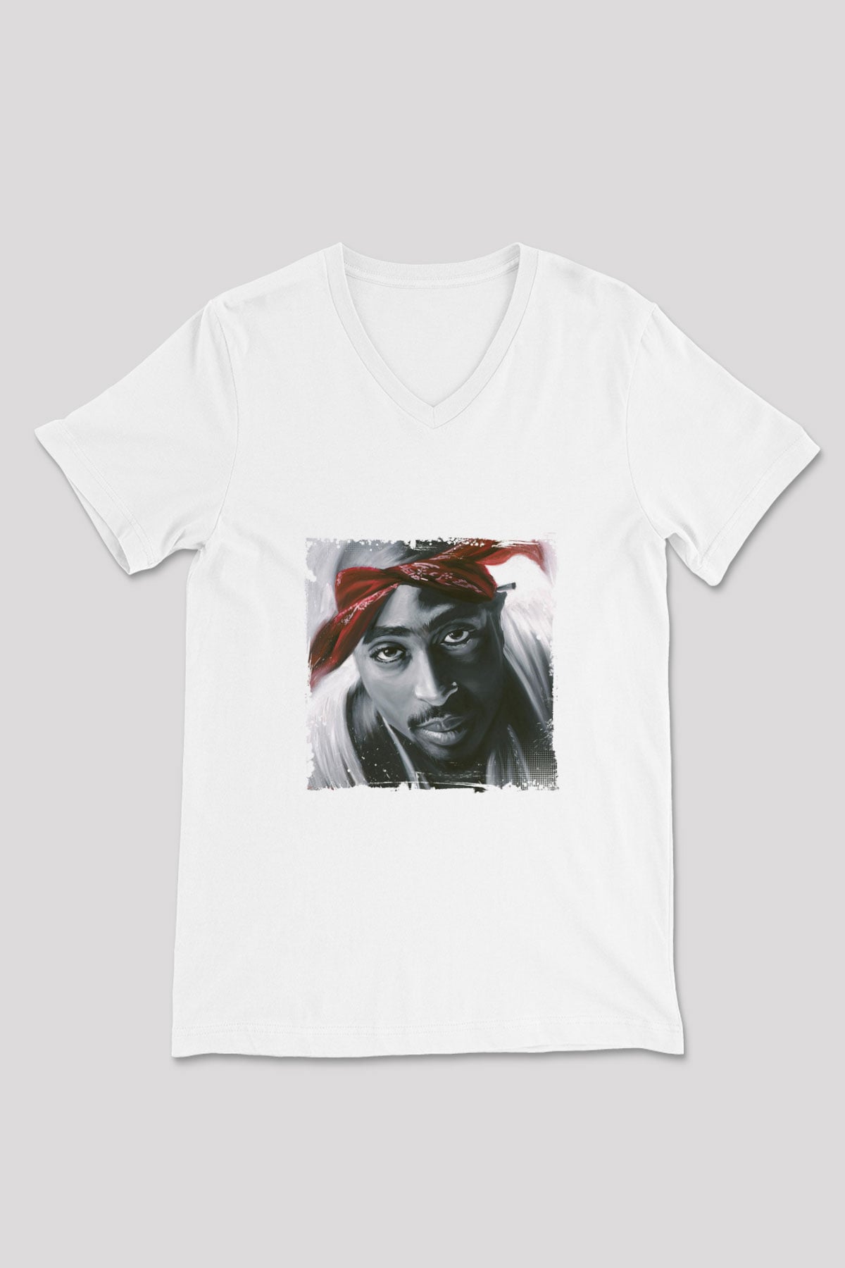 Tupac Baskılı Beyaz V Yaka Unisex Tişört