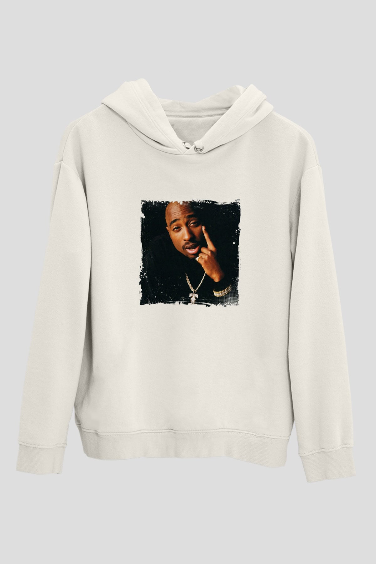 Tupac Baskılı Unisex Beyaz Kapüşonlu Sweatshirt