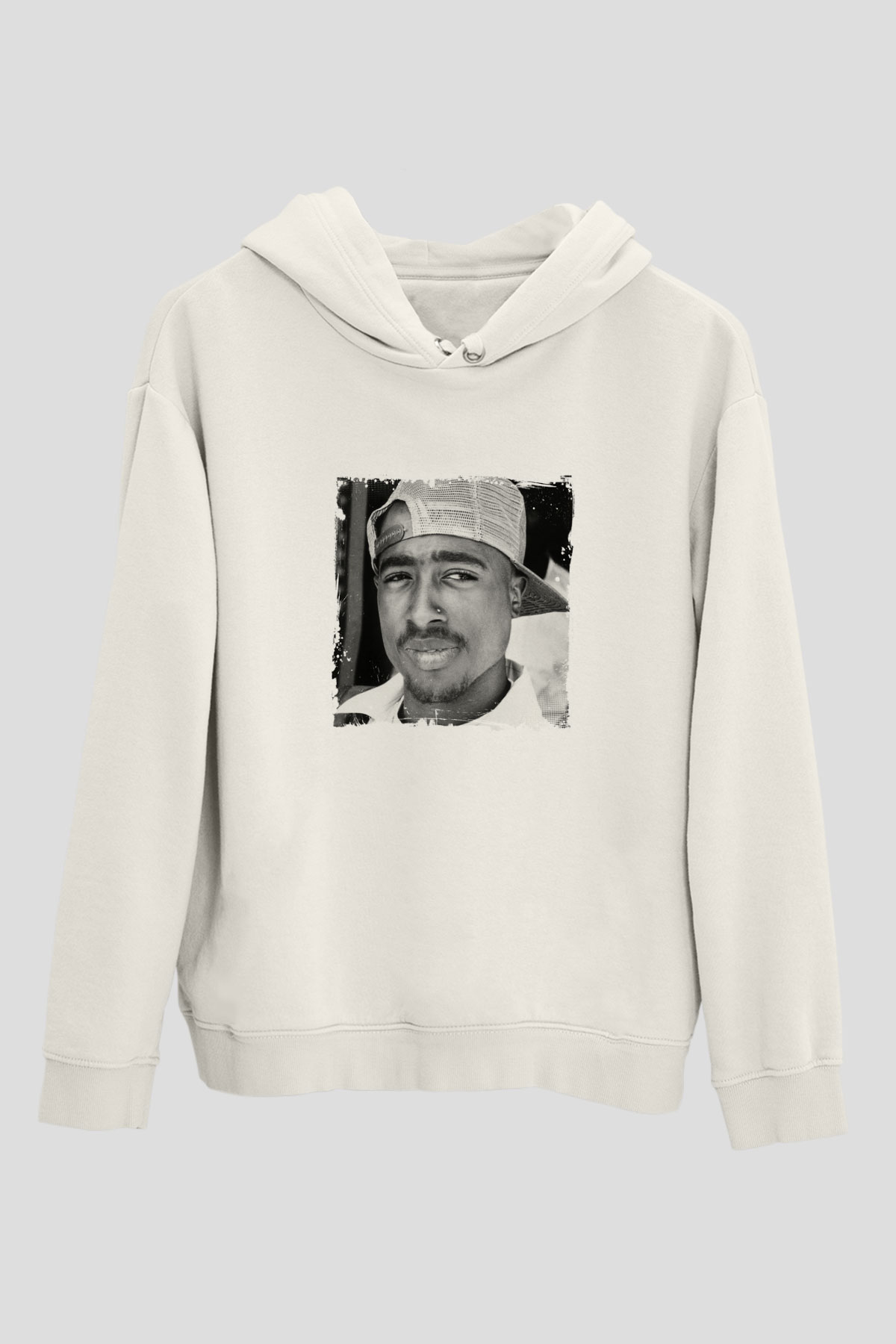 Tupac Baskılı Unisex Beyaz Kapüşonlu Sweatshirt