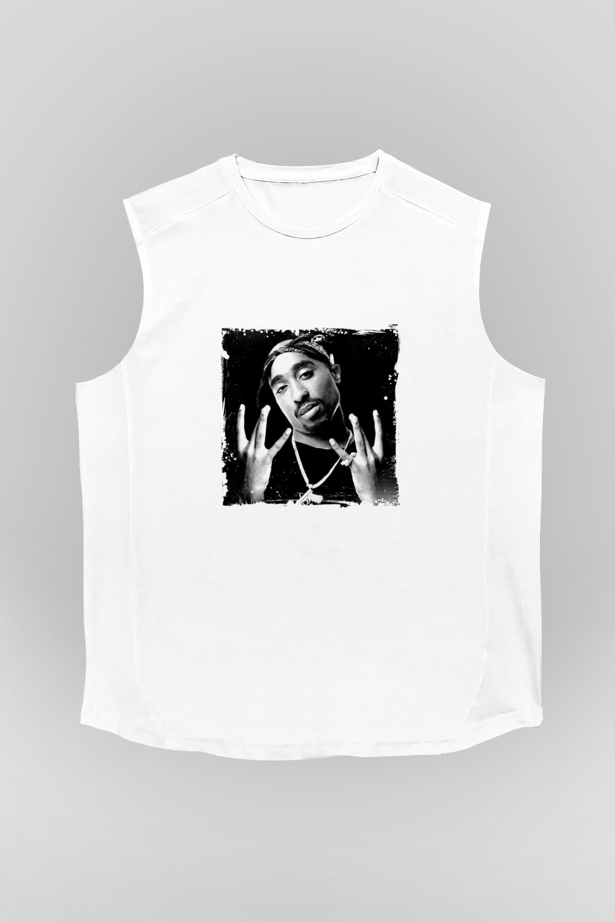 Tupac Baskılı Unisex Beyaz Kolsuz Tişört