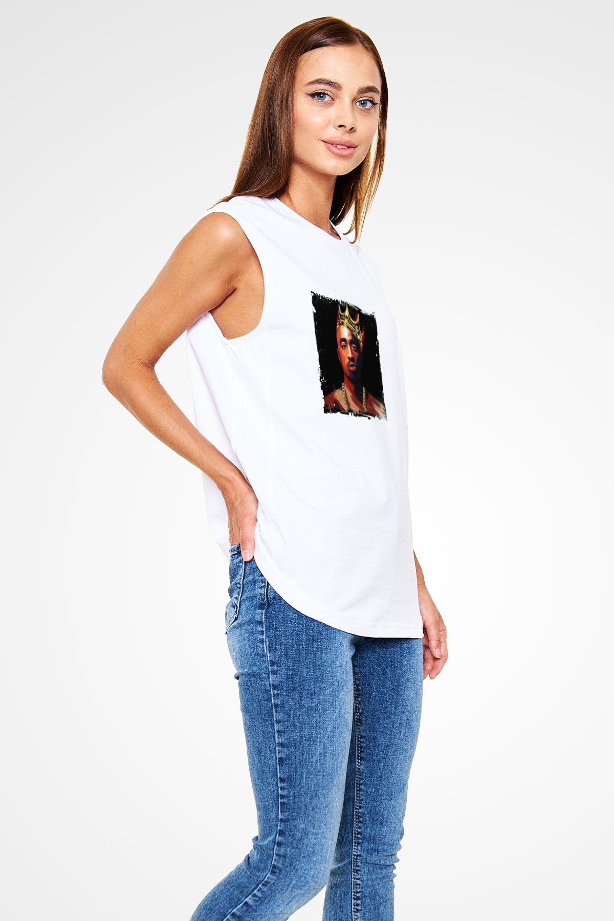 Tupac Baskılı Unisex Beyaz Kolsuz Tişört