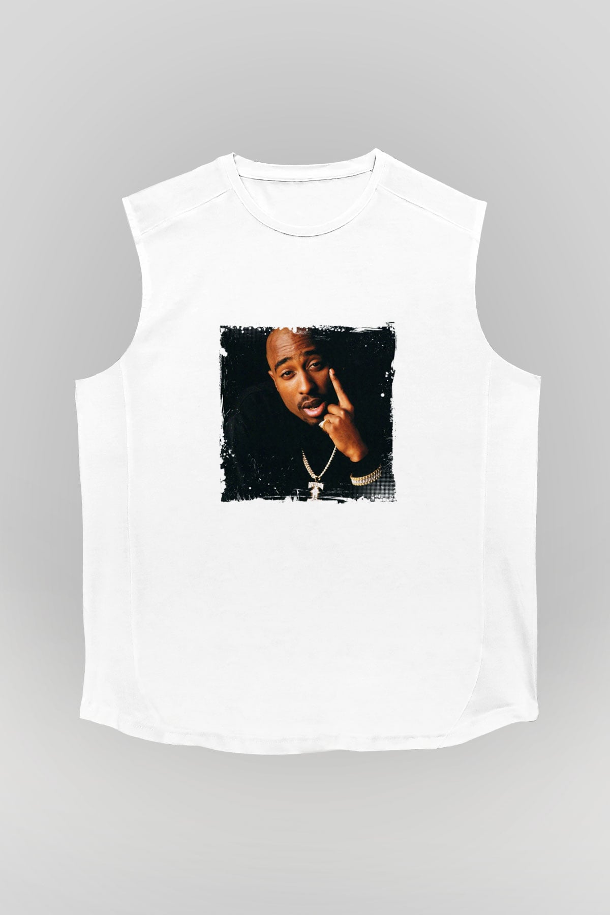 Tupac Baskılı Unisex Beyaz Kolsuz Tişört