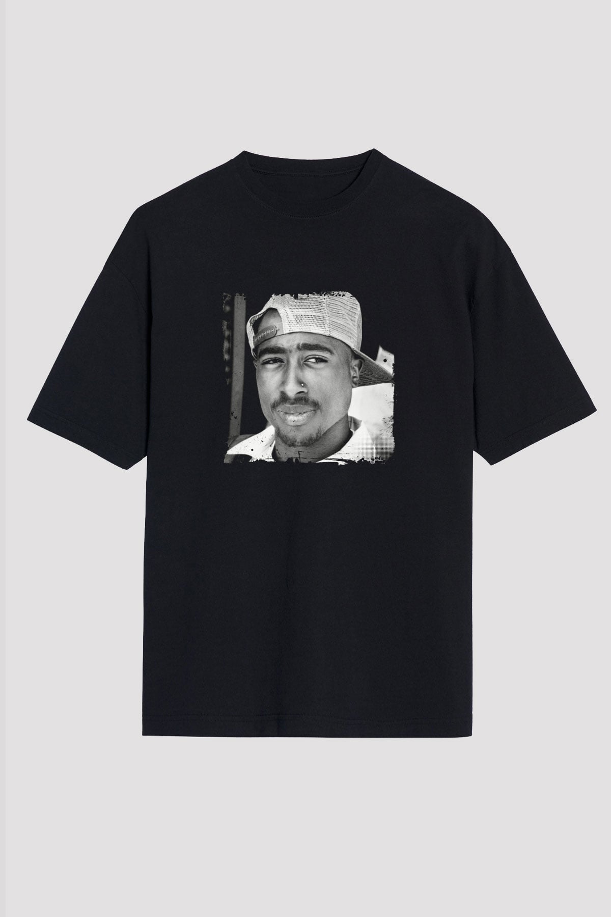 Tupac Baskılı Unisex Oversize Siyah Tişört