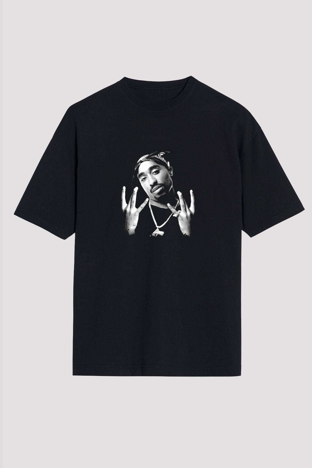 Tupac Baskılı Unisex Oversize Siyah Tişört