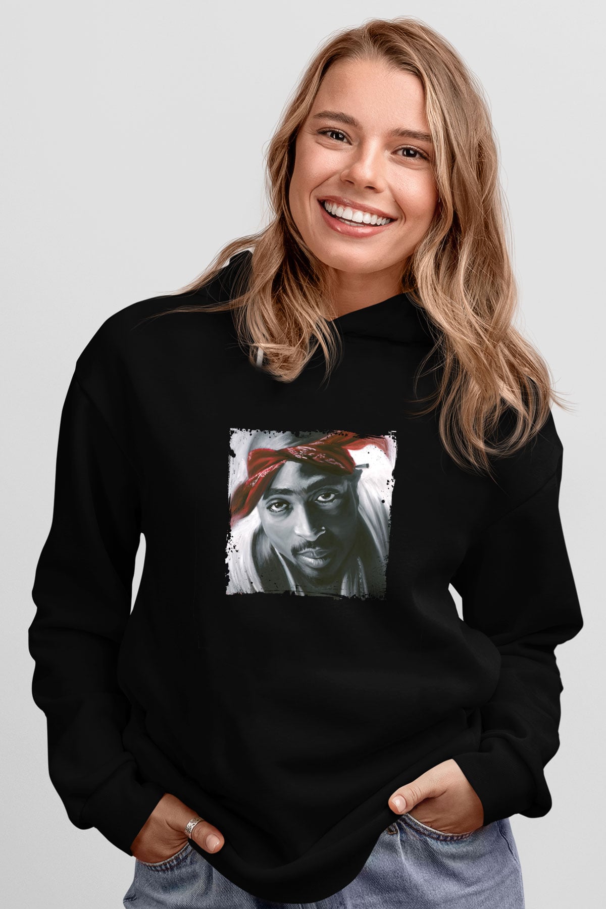 Tupac Baskılı Unisex Siyah Hoodie