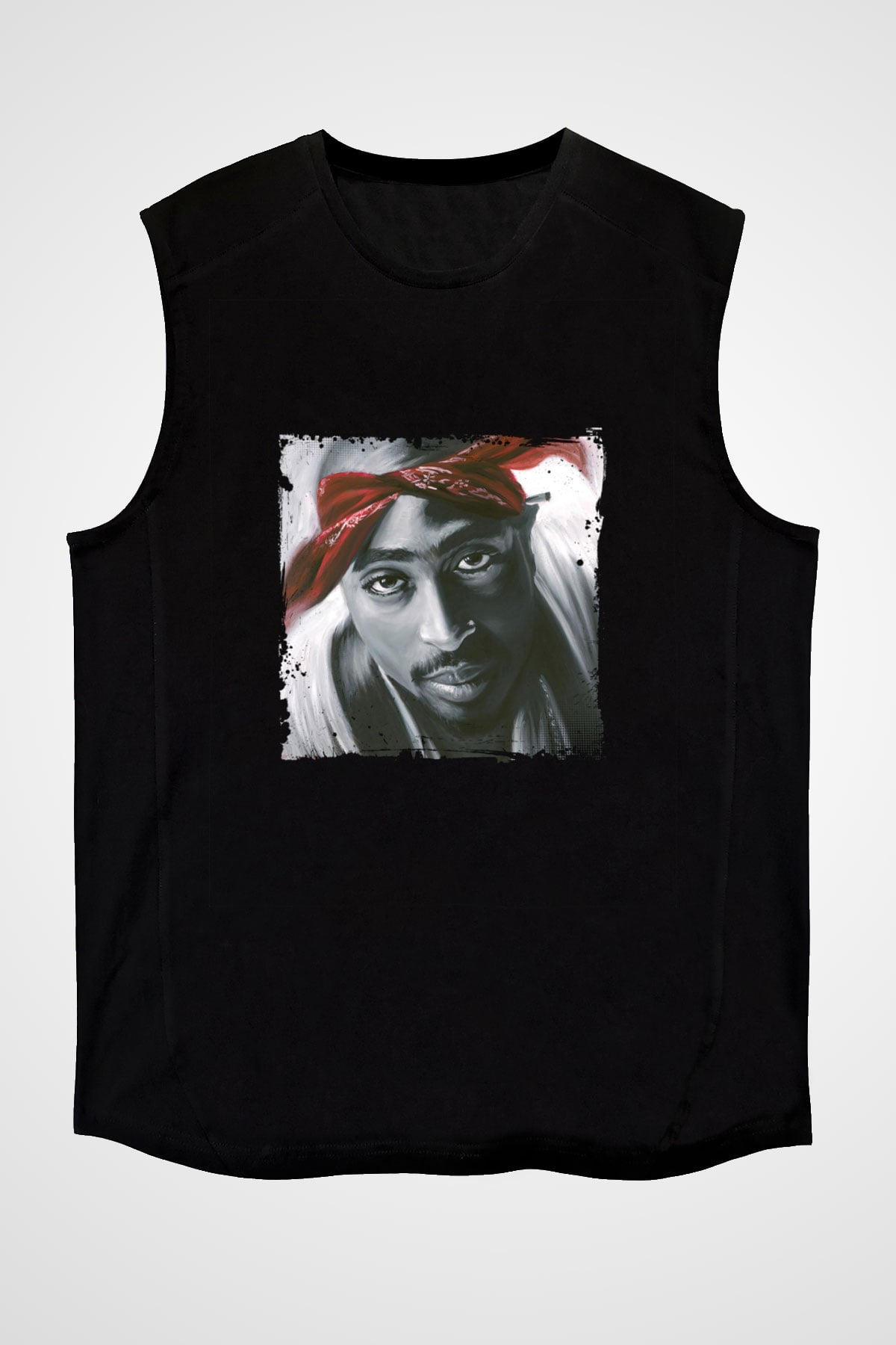 Tupac Baskılı Unisex Siyah Kolsuz Tişört