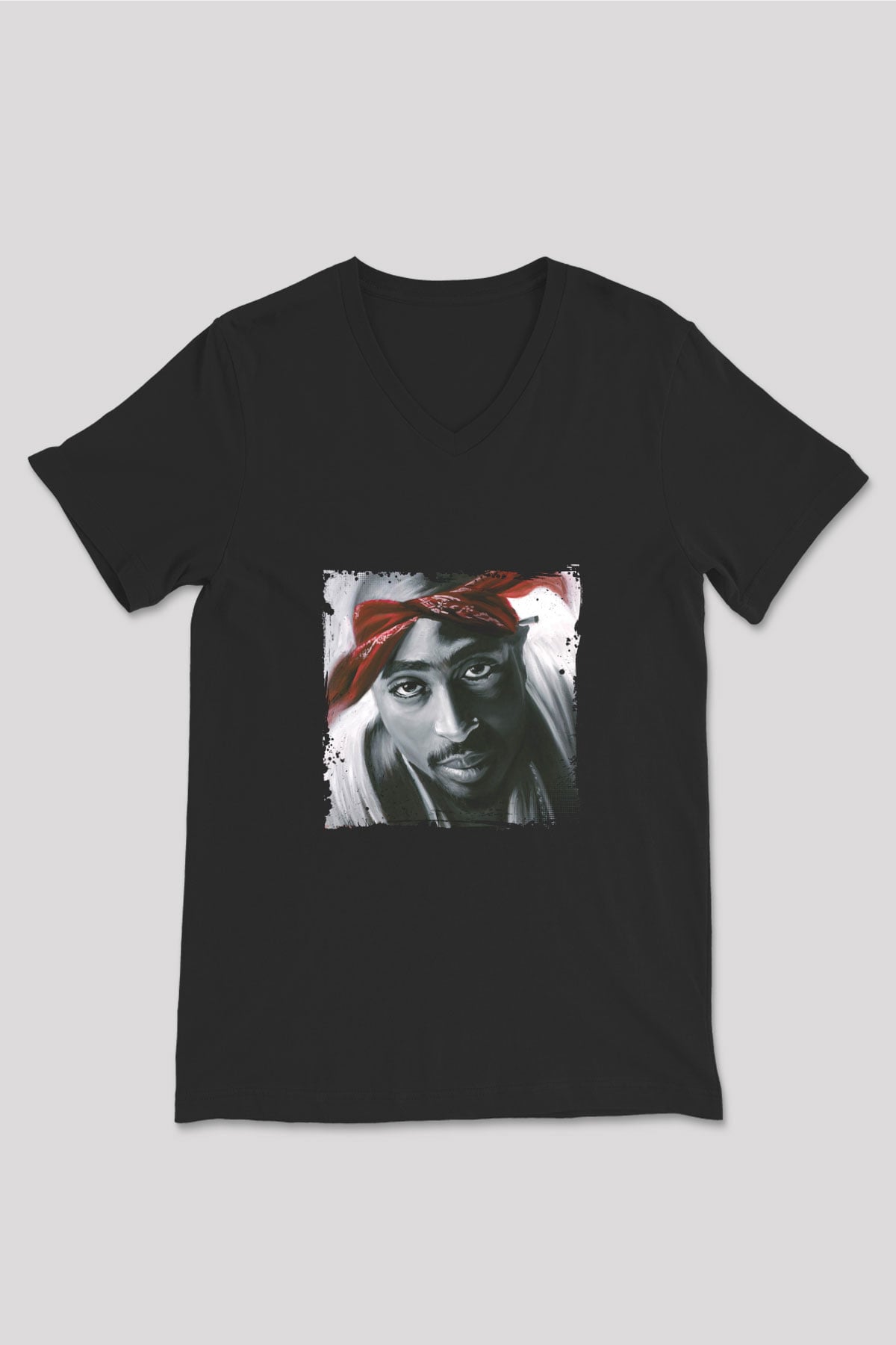 Tupac Baskılı Unisex Siyah V Yaka Tişört
