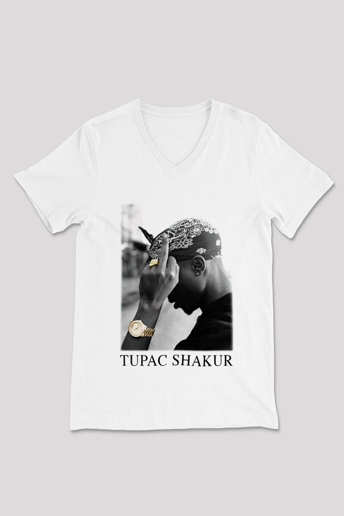 Tupac Shakur Beyaz Unisex V Yaka Tişört T-Shirt