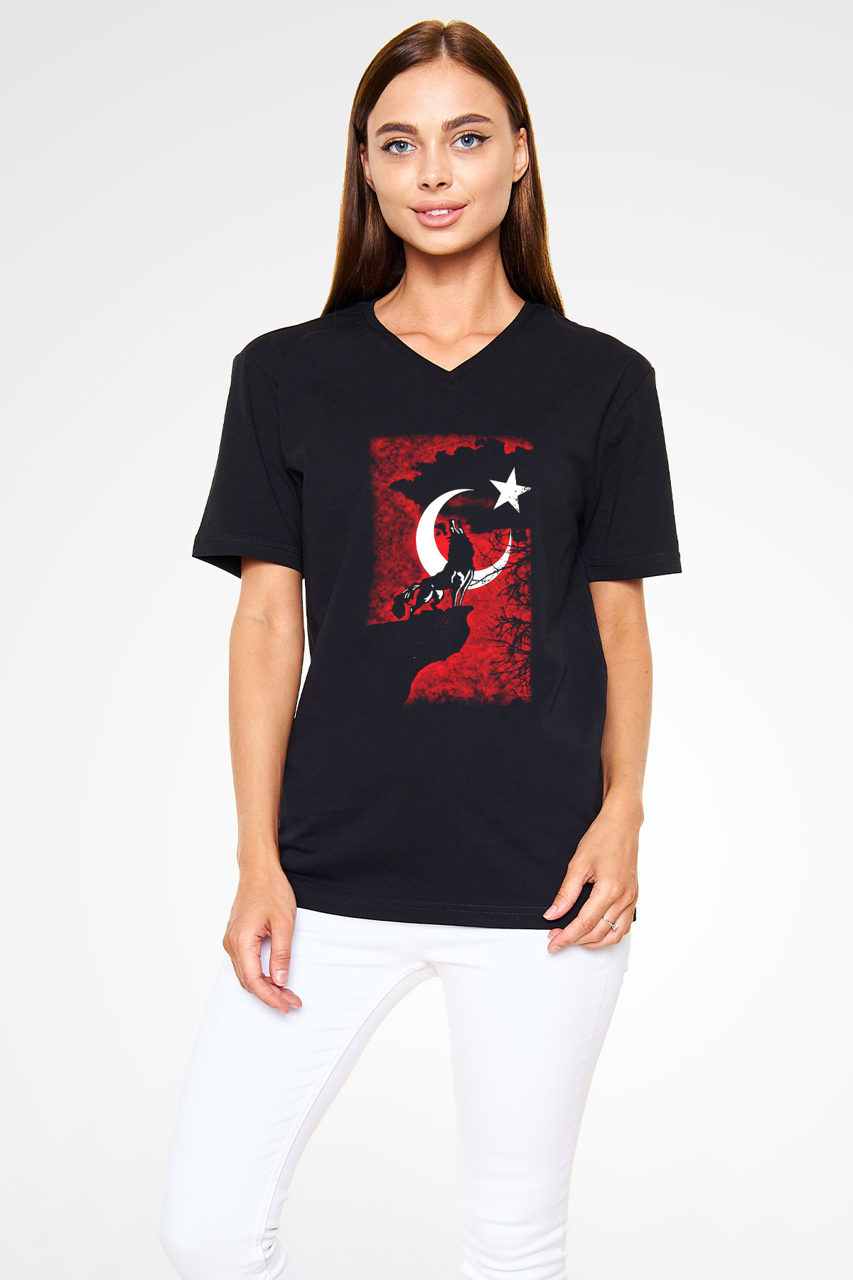 Türkiye Siyah Unisex V Yaka Tişört T-Shirt