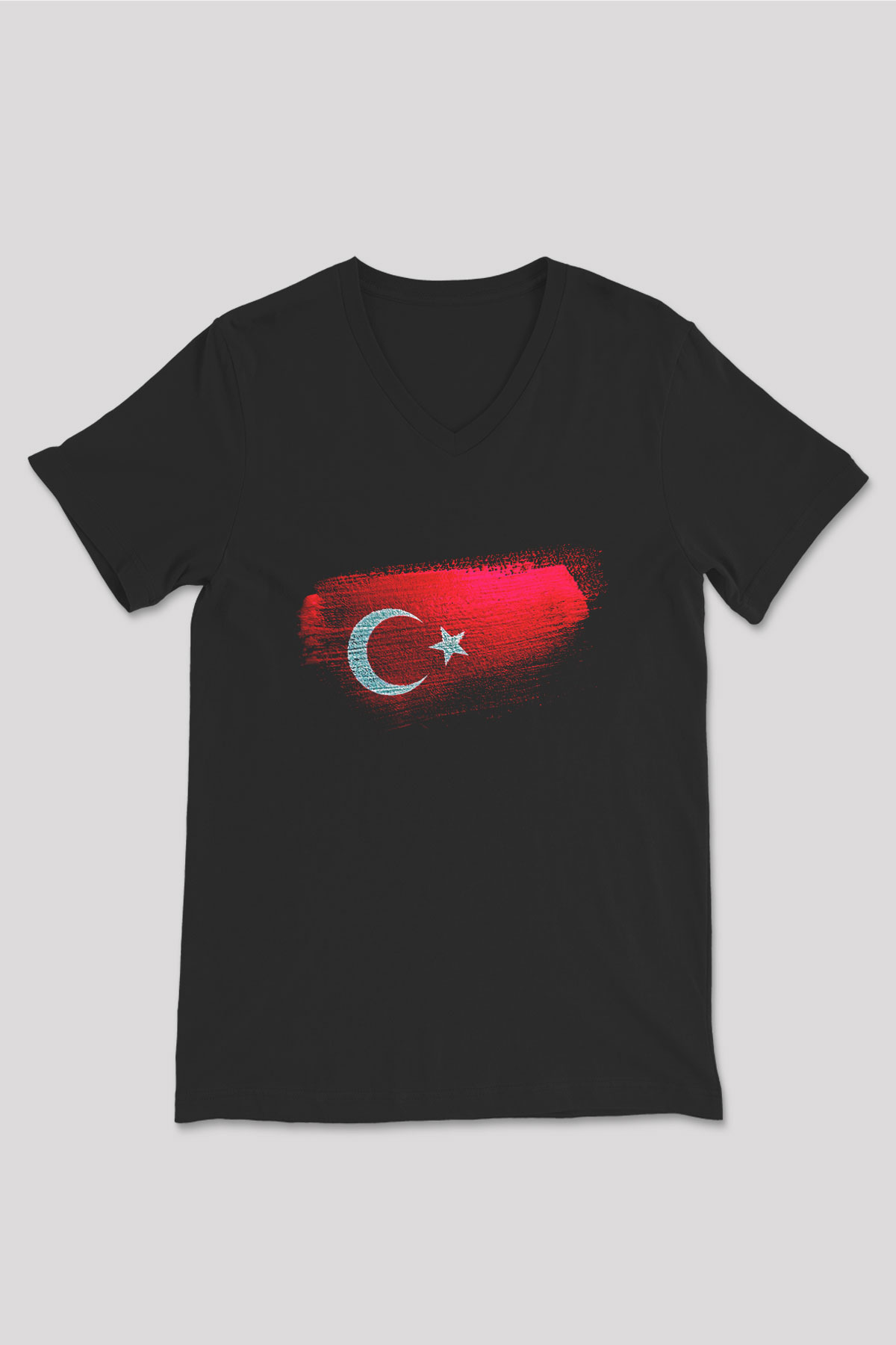 Türkiye - Turkey Bayrağı Baskılı Unisex Siyah V Yaka Tişört