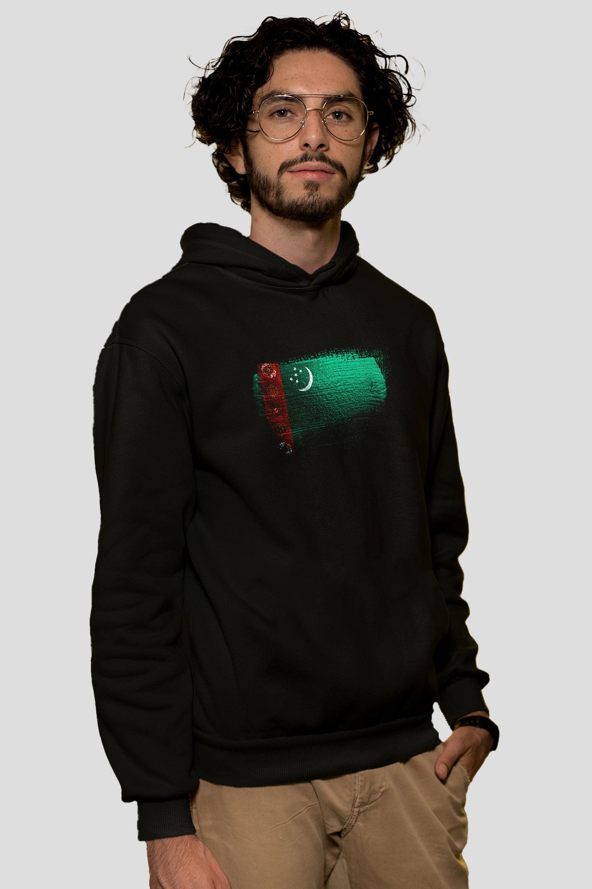 Türkmenistan - Turkmenistan Bayrağı Baskılı Unisex Siyah Kapüşonlu Sweatshirt