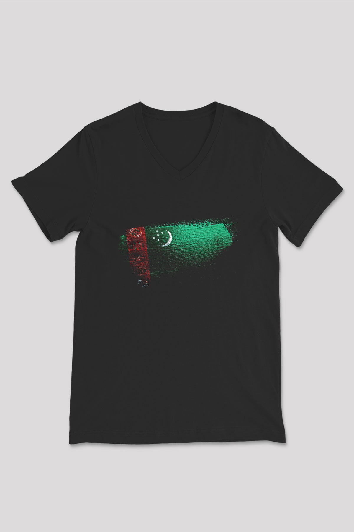 Türkmenistan - Turkmenistan Bayrağı Baskılı Unisex Siyah V Yaka Tişört