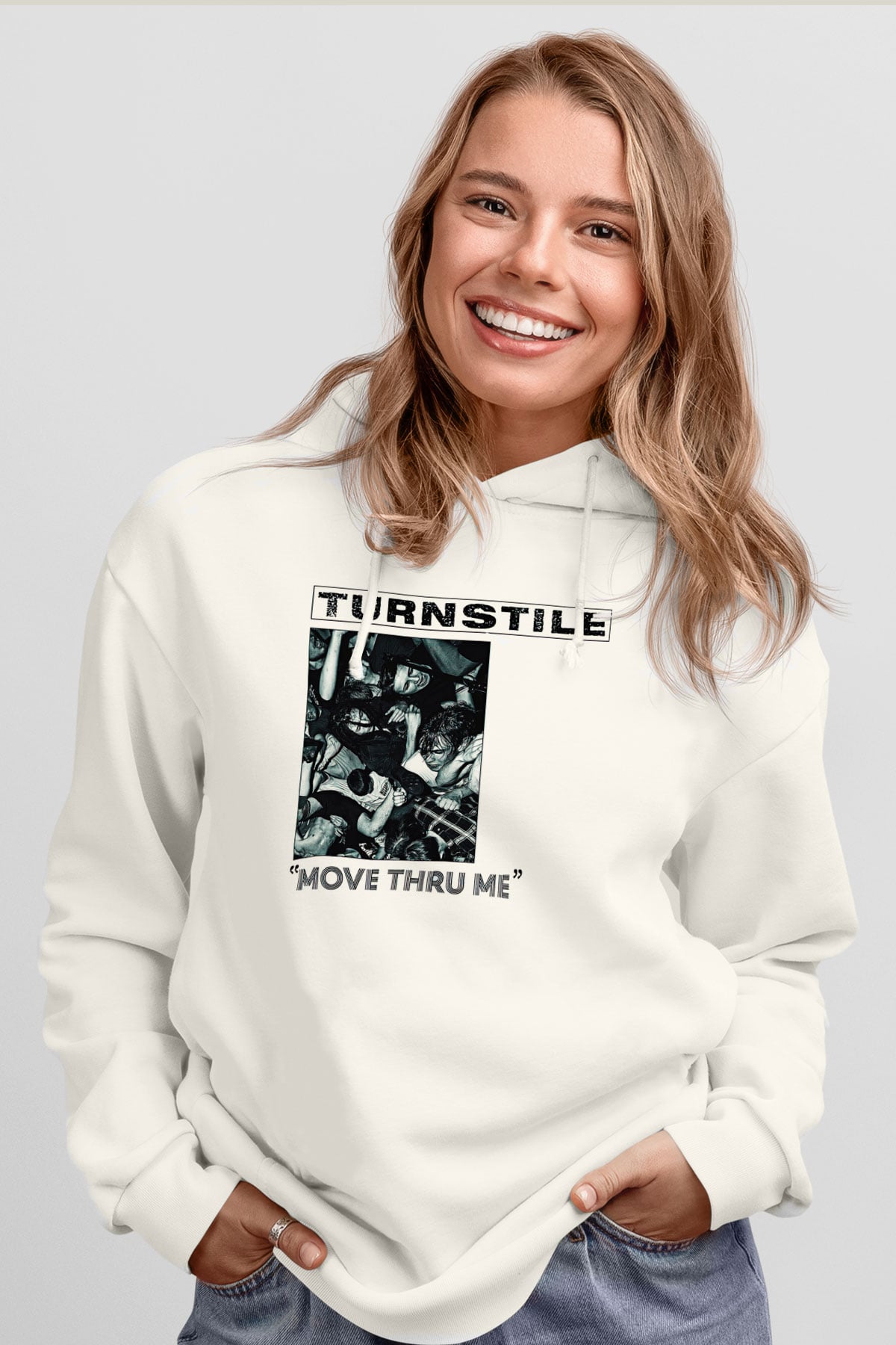 Turnstile Baskılı Beyaz Unisex Kapüşonlu Sweatshirt