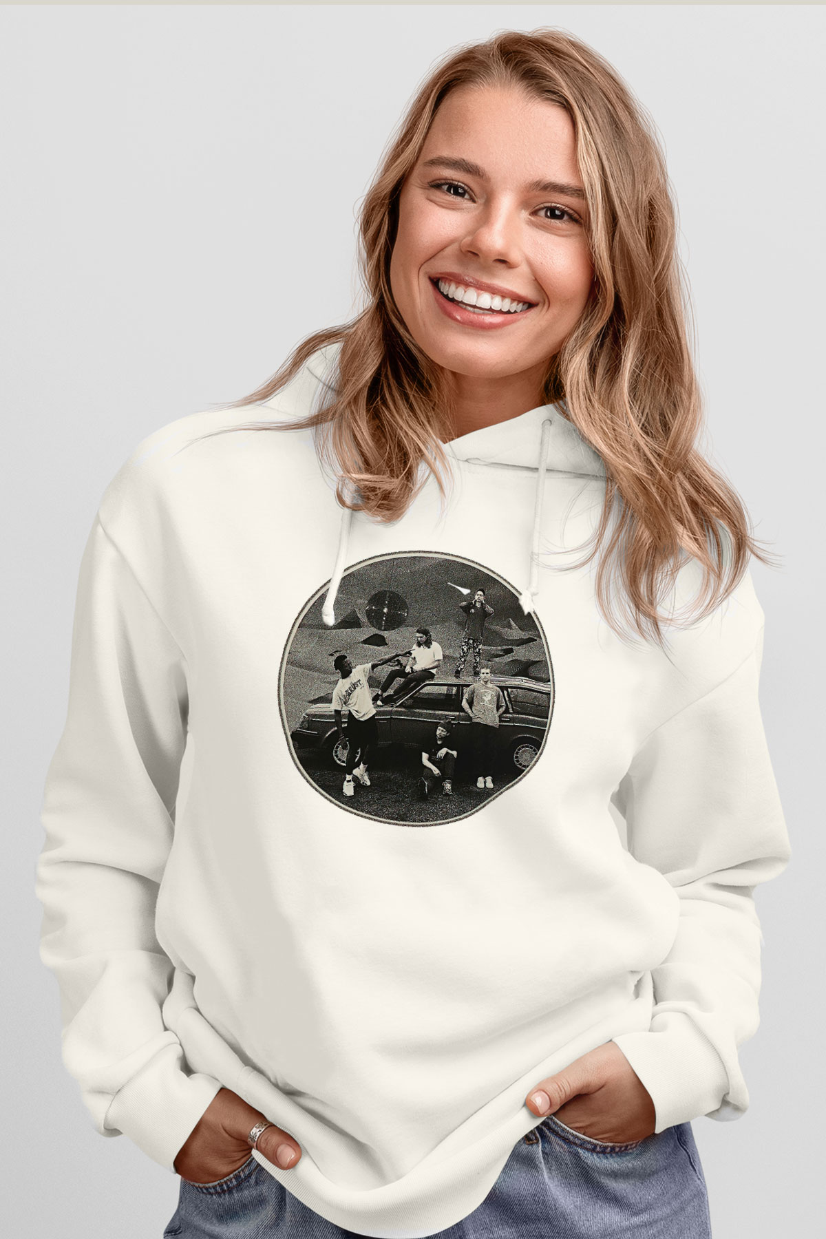 Turnstile Baskılı Beyaz Unisex Kapüşonlu Sweatshirt