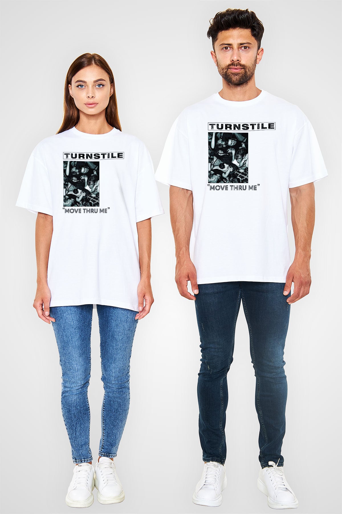 Turnstile Baskılı Beyaz Unisex Oversize Tişört - Tshirt