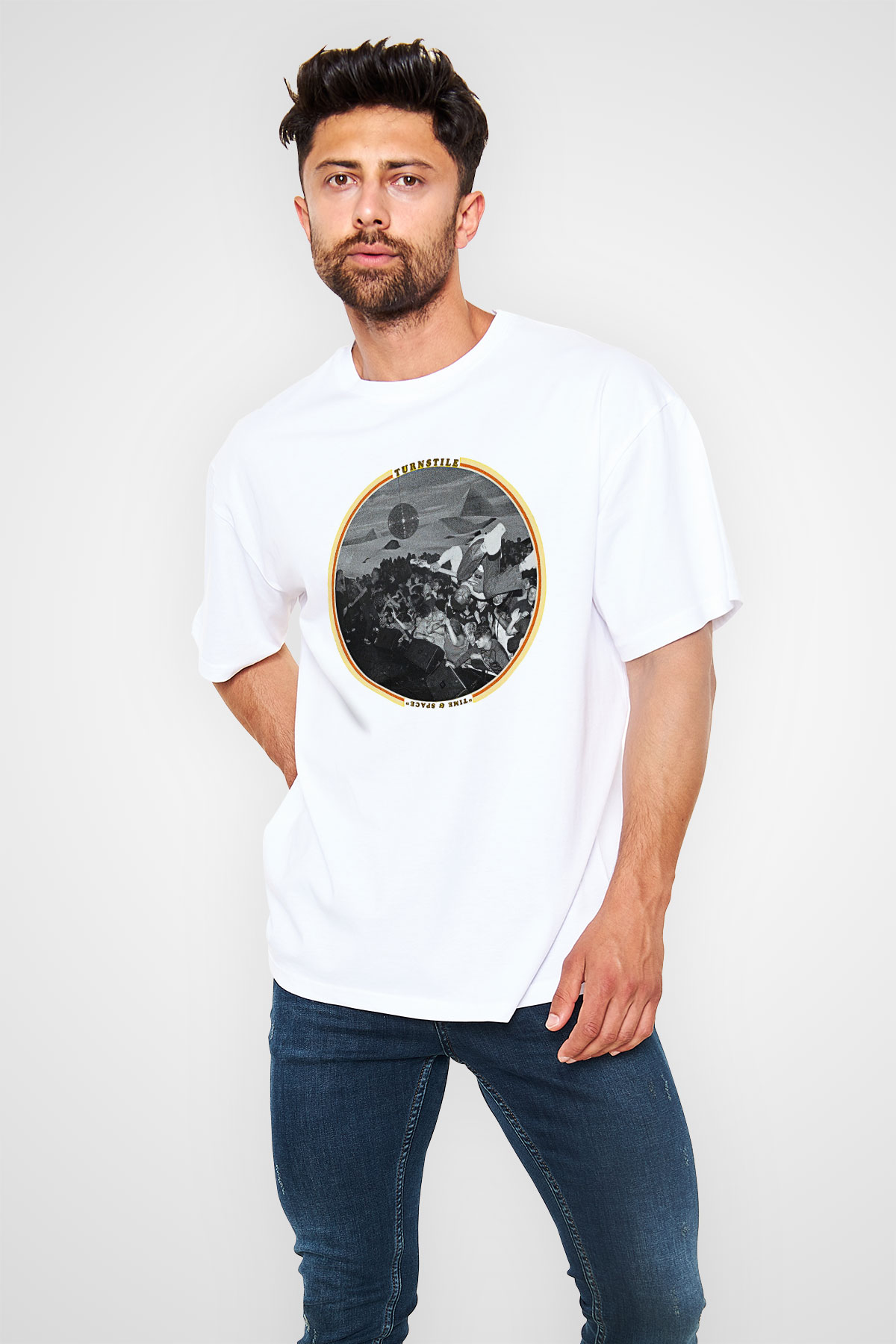 Turnstile Baskılı Beyaz Unisex Oversize Tişört - Tshirt