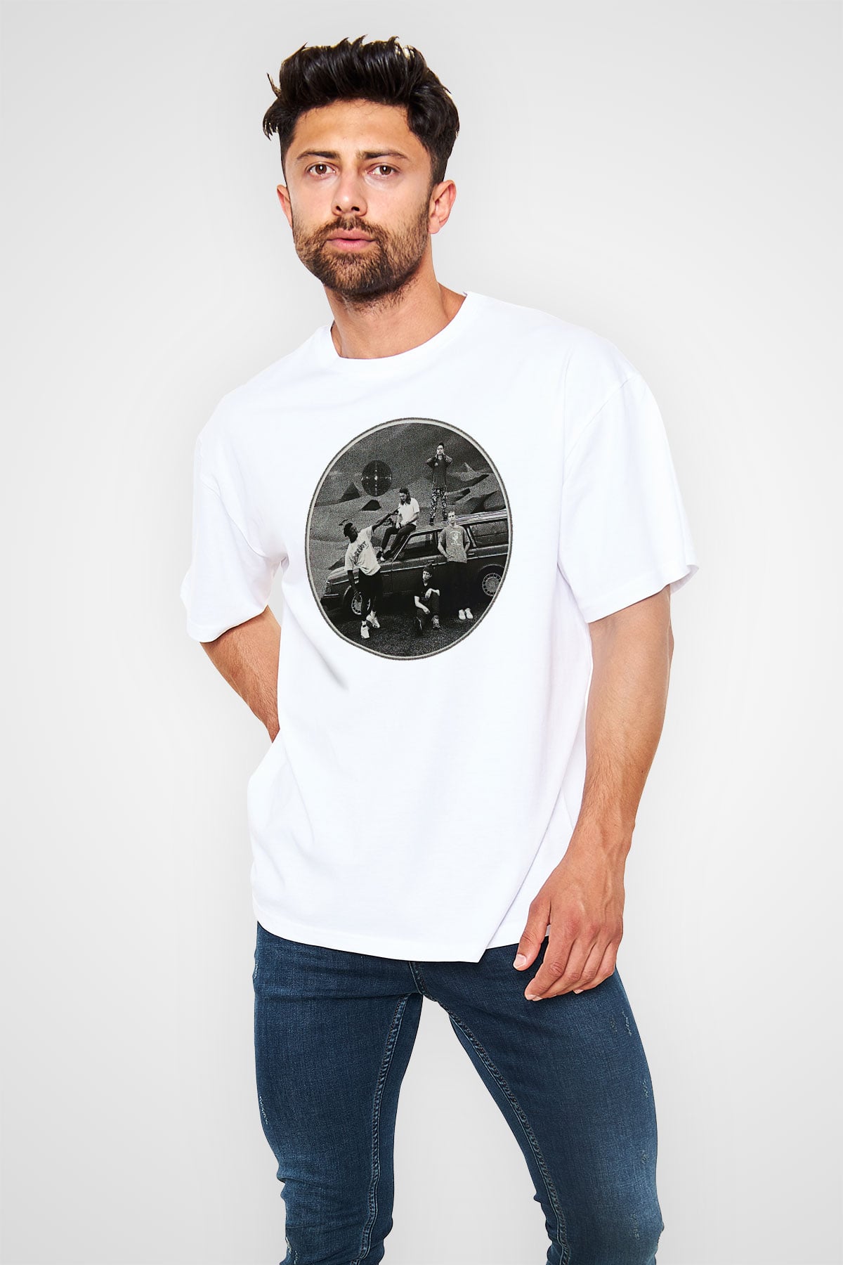 Turnstile Baskılı Beyaz Unisex Oversize Tişört - Tshirt