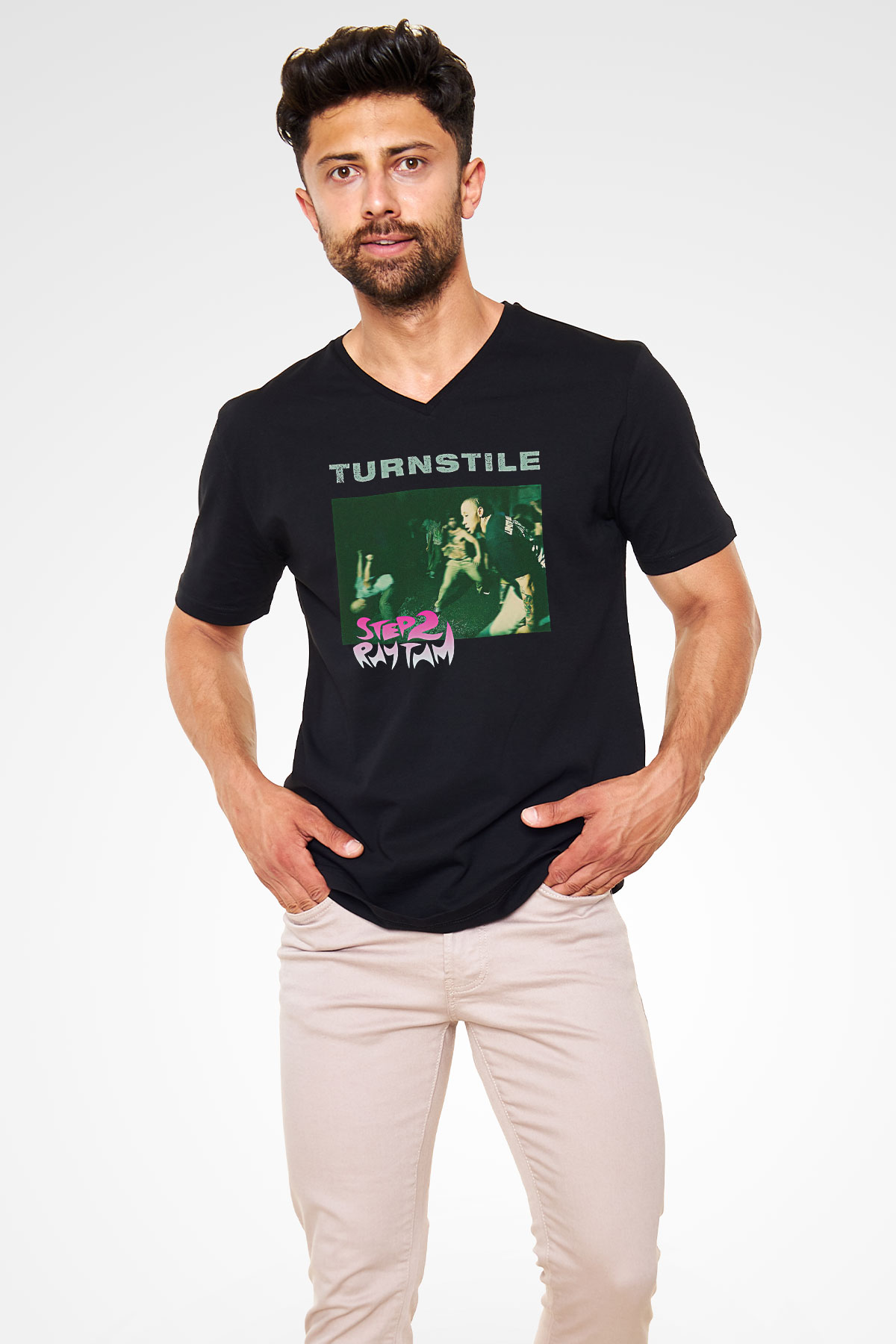 Turnstile Baskılı Unisex Siyah V Yaka Tişört - Tshirt