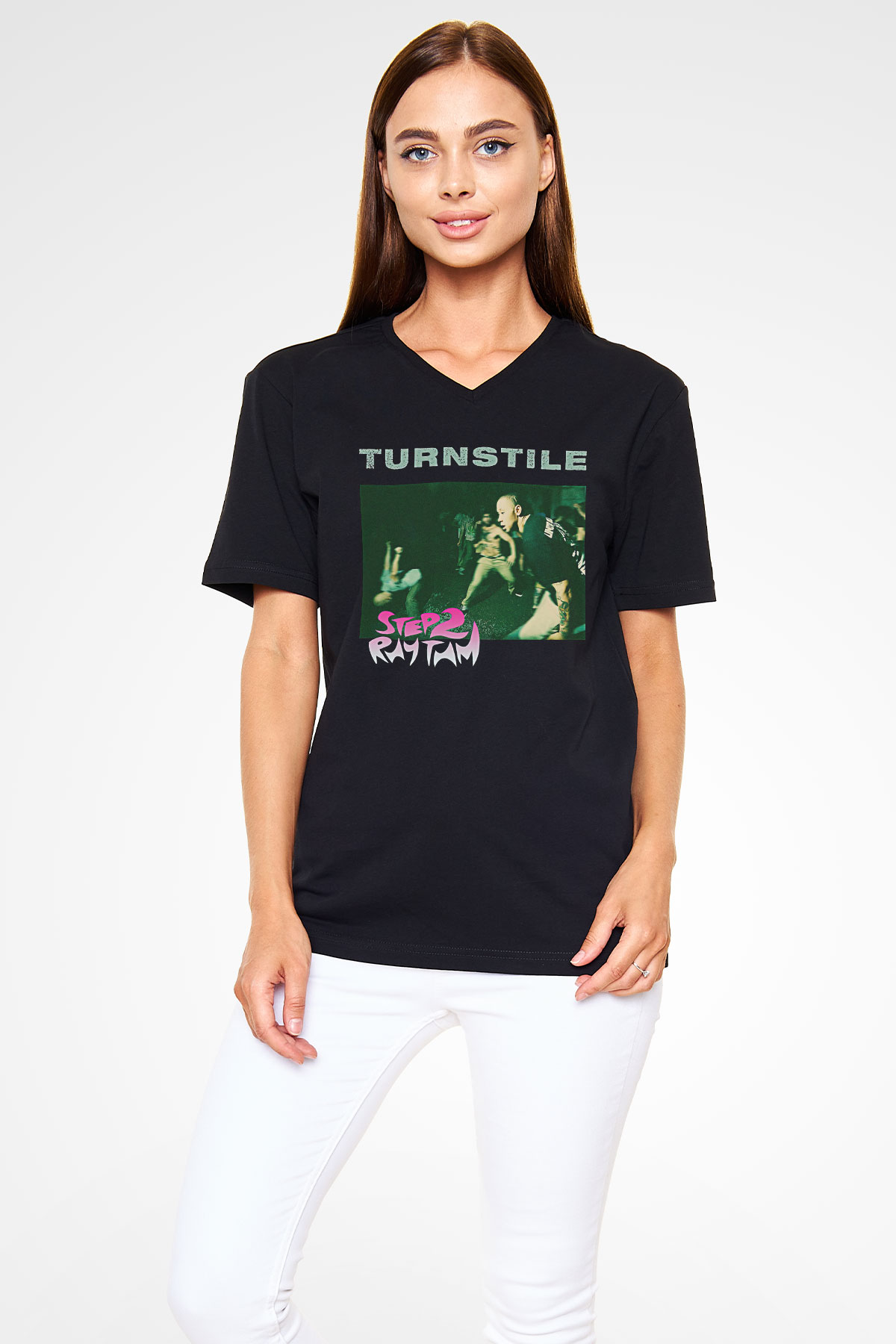 Turnstile Baskılı Unisex Siyah V Yaka Tişört - Tshirt