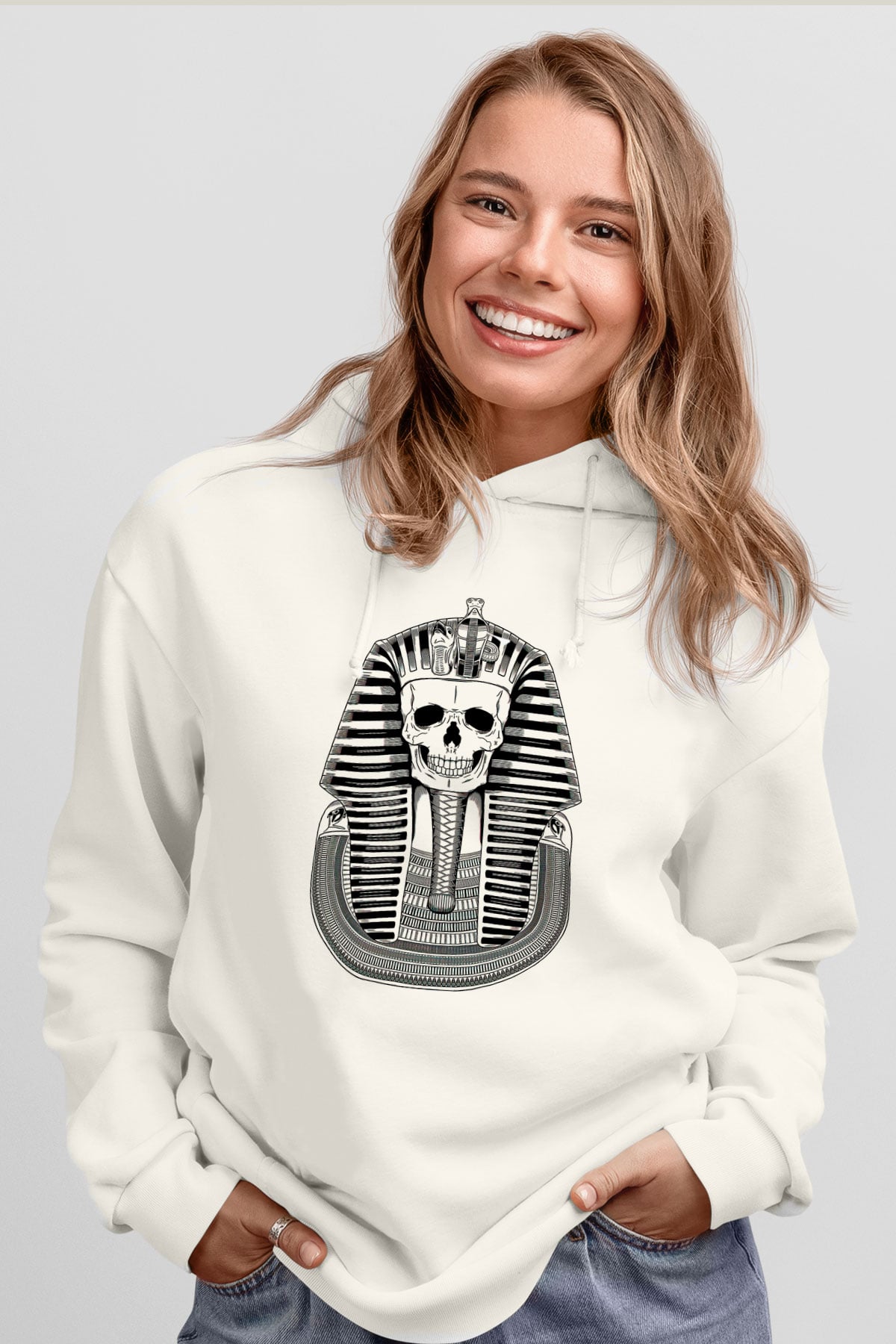 Tutankhamun Baskılı Beyaz Unisex Hoodie
