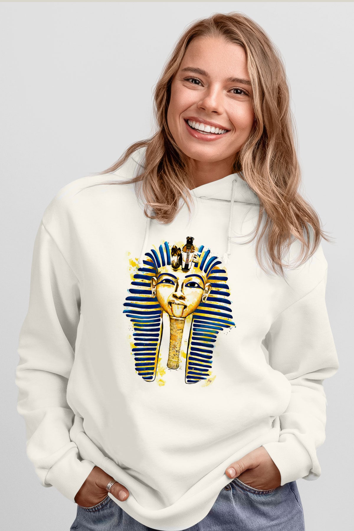 Tutankhamun Baskılı Beyaz Unisex Hoodie