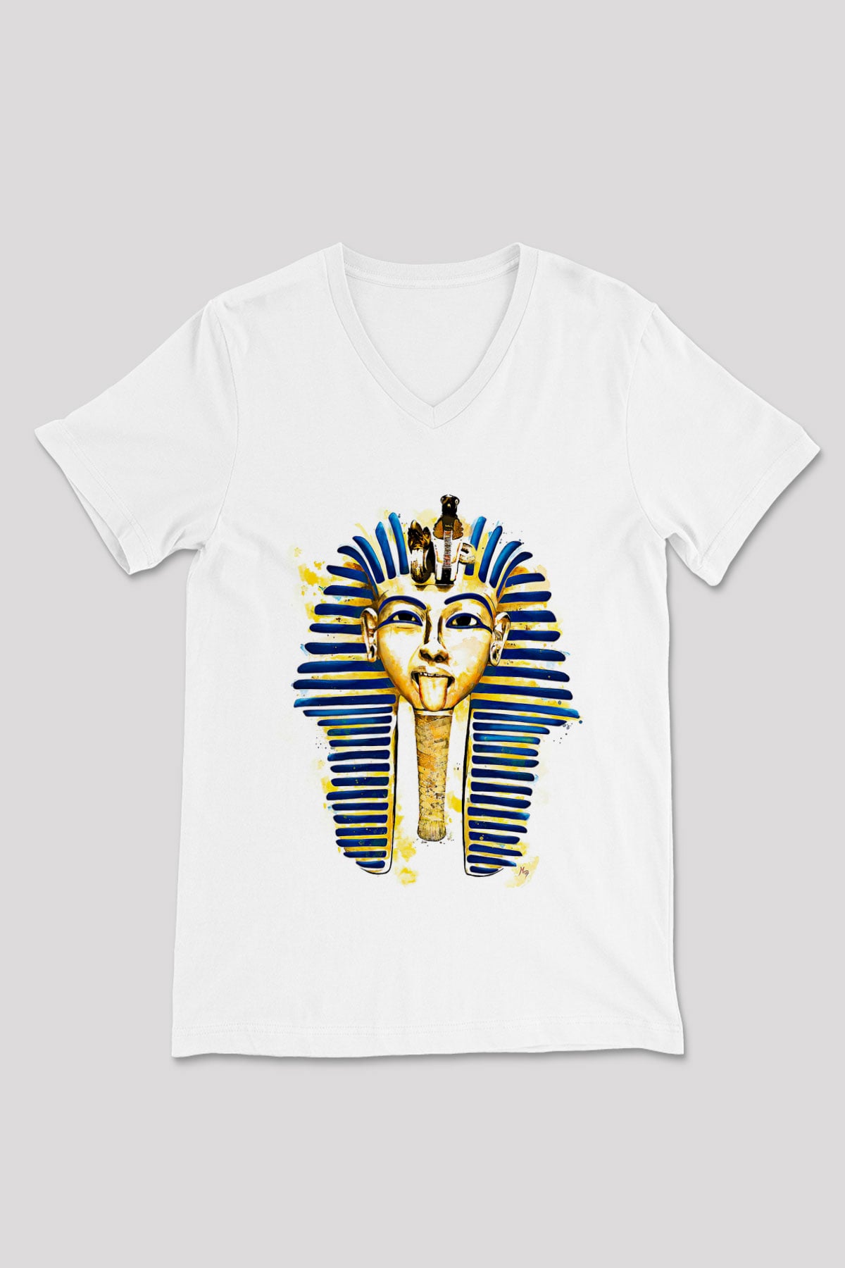 Tutankhamun Baskılı Beyaz Unisex V Yaka Tişört - Tshirt