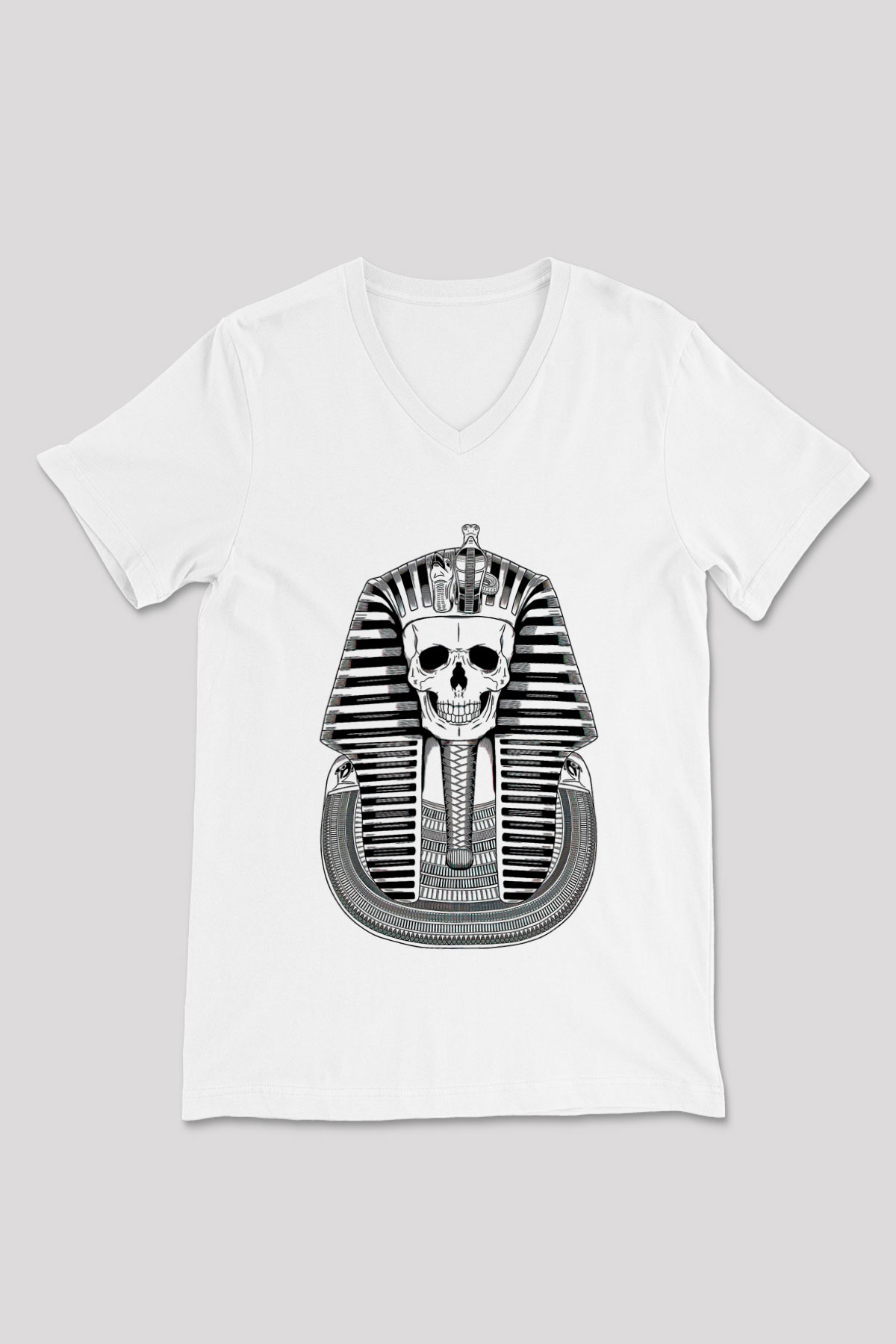 Tutankhamun Baskılı Beyaz Unisex V Yaka Tişört - Tshirt