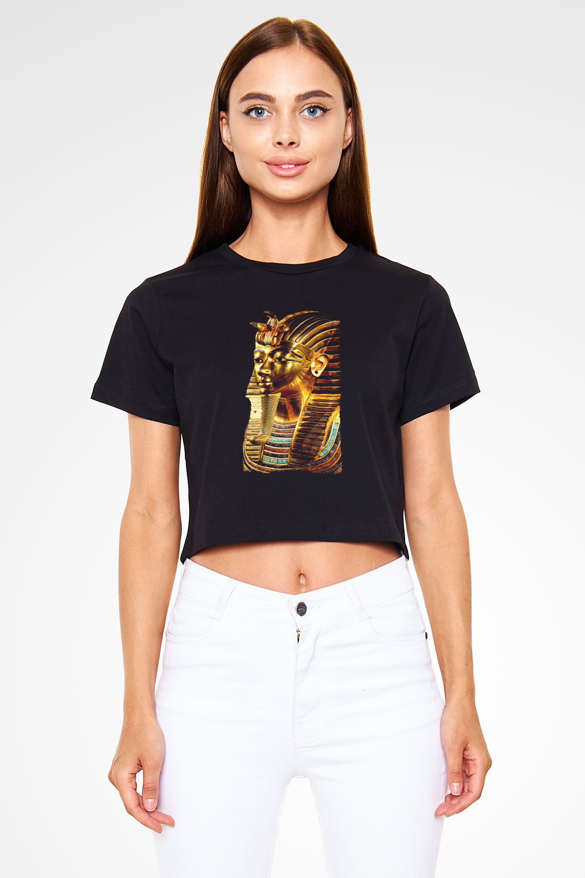 Tutankhamun Baskılı Siyah Crop Top Kadın Tişört - Tshirt