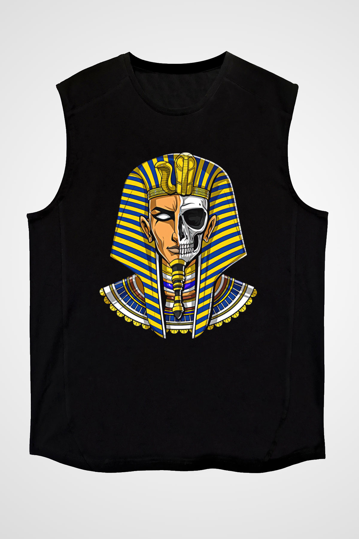 Tutankhamun Baskılı Unisex Siyah Kolsuz Tişört - Tshirt
