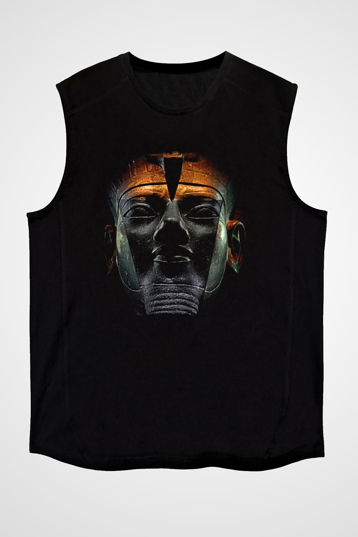 Tutankhamun Baskılı Unisex Siyah Kolsuz Tişört - Tshirt