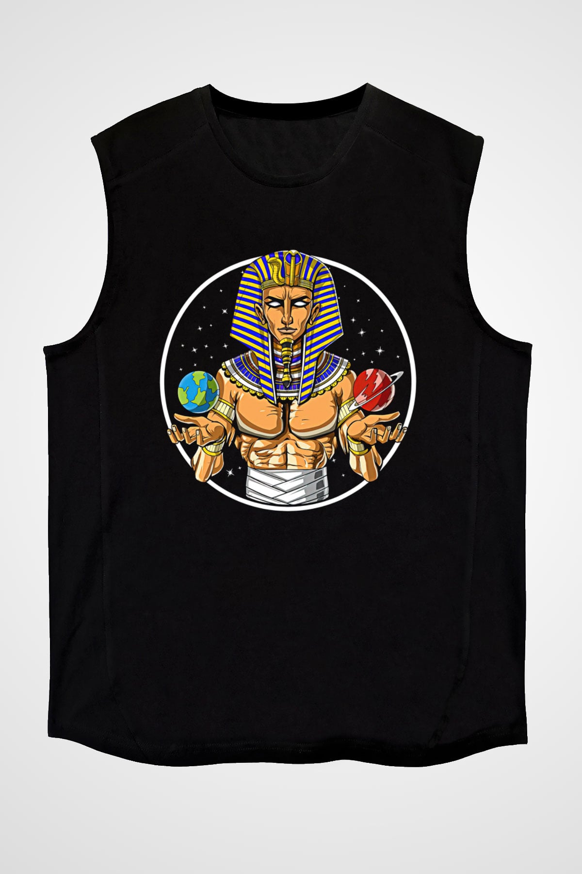 Tutankhamun Baskılı Unisex Siyah Kolsuz Tişört - Tshirt