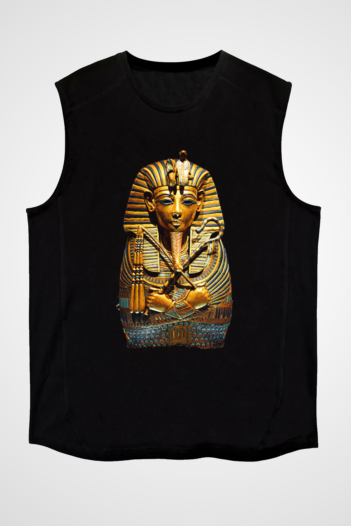 Tutankhamun Baskılı Unisex Siyah Kolsuz Tişört - Tshirt