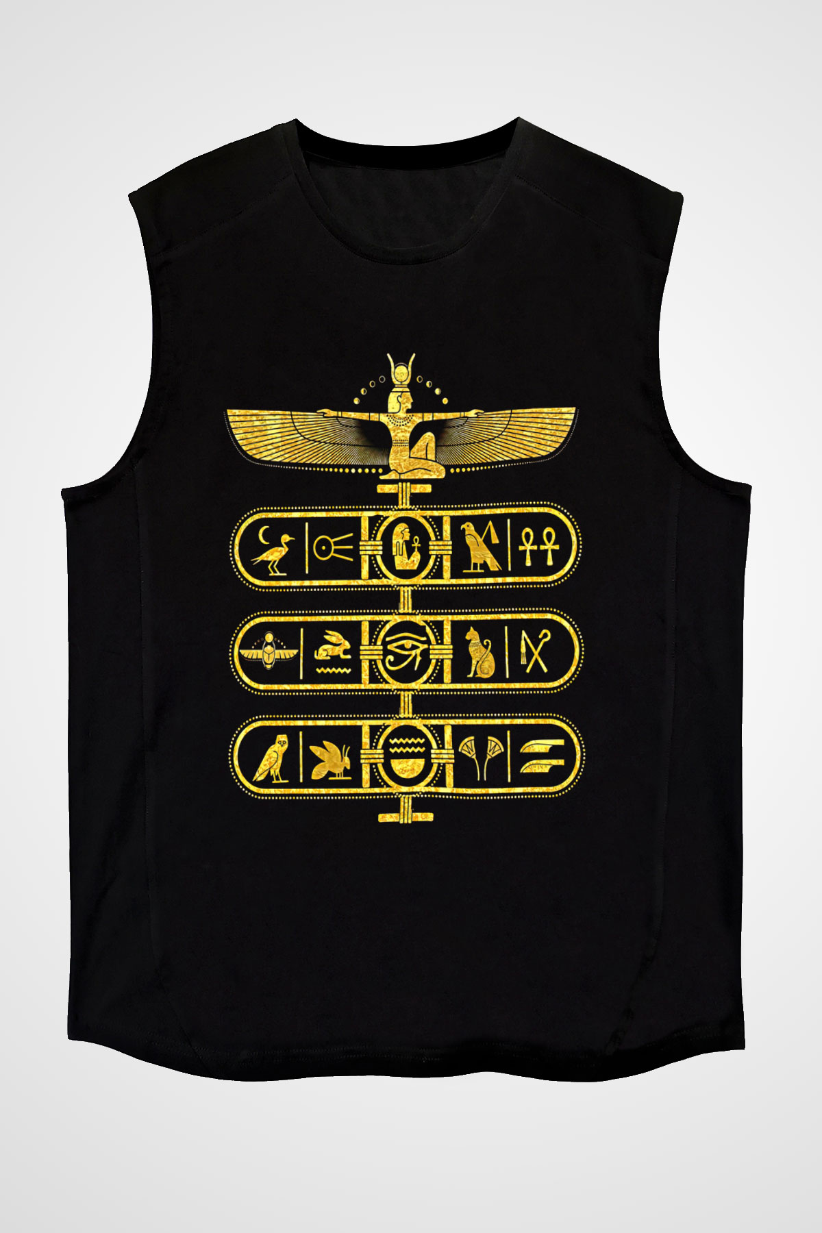 Tutankhamun Baskılı Unisex Siyah Kolsuz Tişört - Tshirt