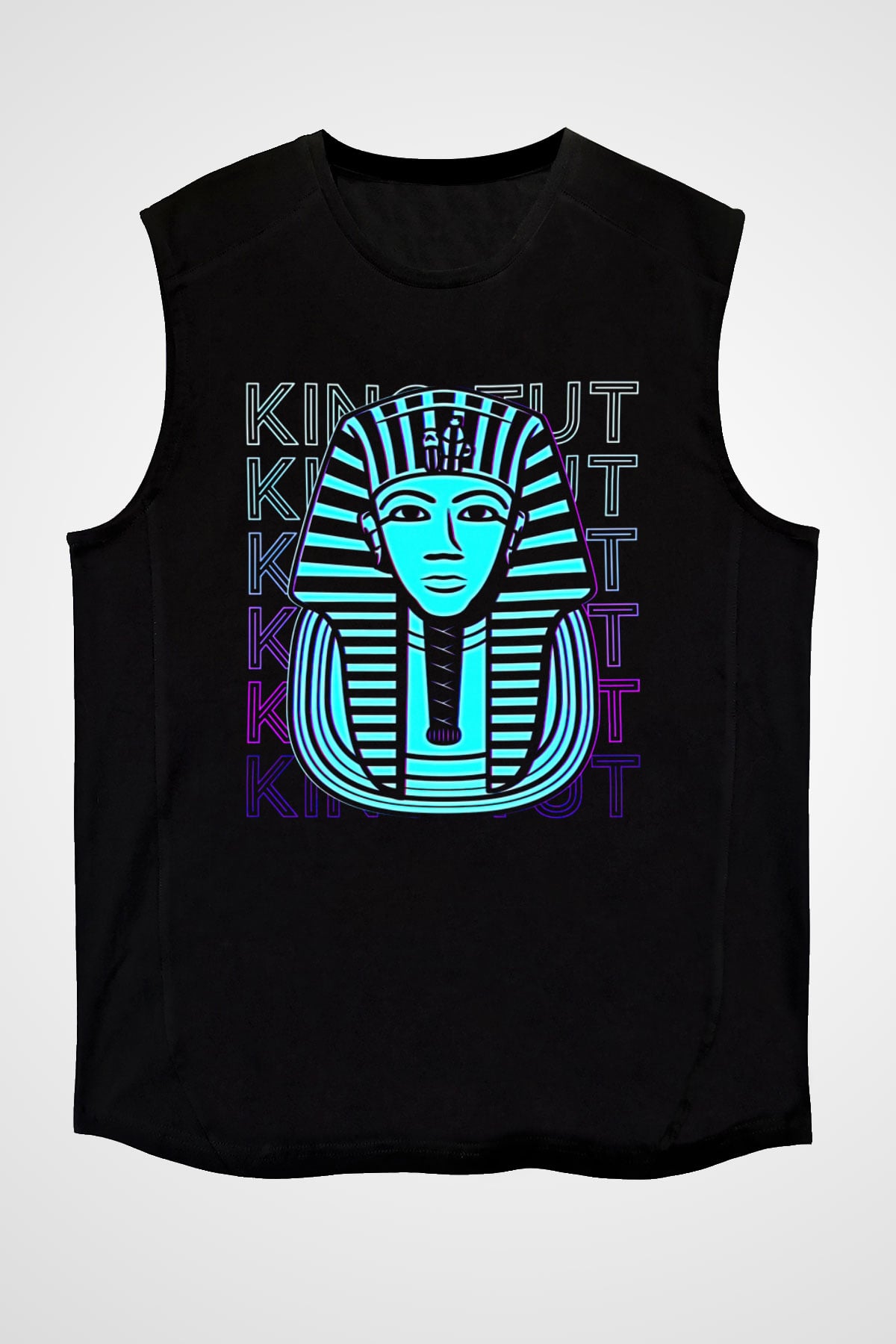 Tutankhamun Baskılı Unisex Siyah Kolsuz Tişört - Tshirt