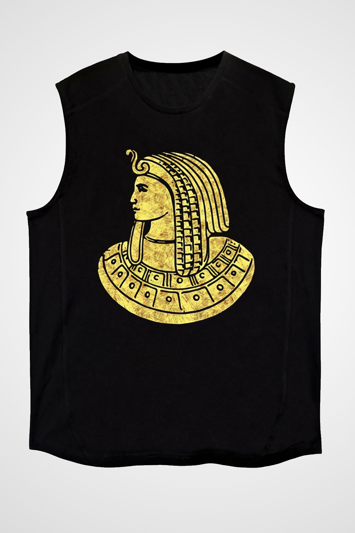 Tutankhamun Baskılı Unisex Siyah Kolsuz Tişört - Tshirt