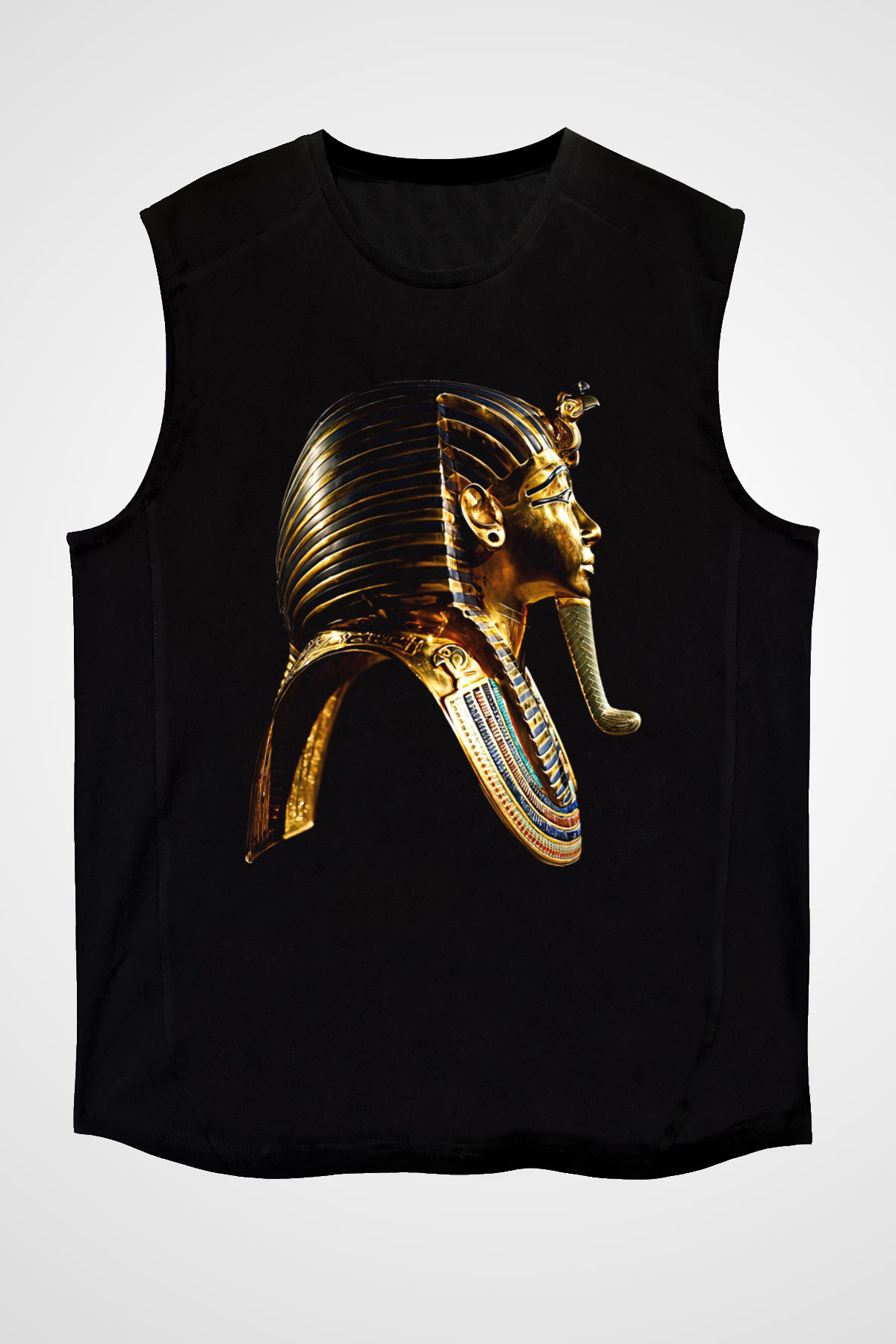 Tutankhamun Baskılı Unisex Siyah Kolsuz Tişört - Tshirt