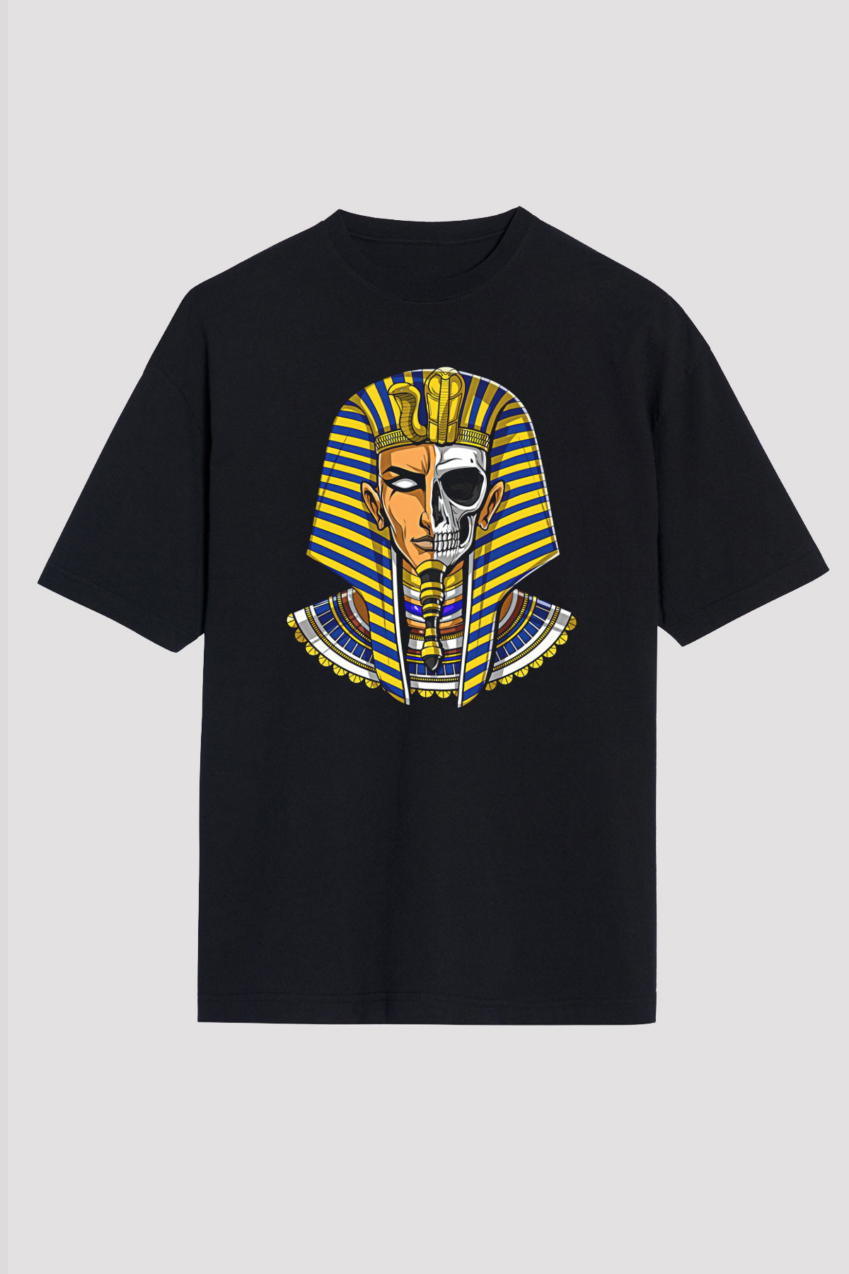 Tutankhamun Baskılı Unisex Siyah Oversize Tişört - Tshirt