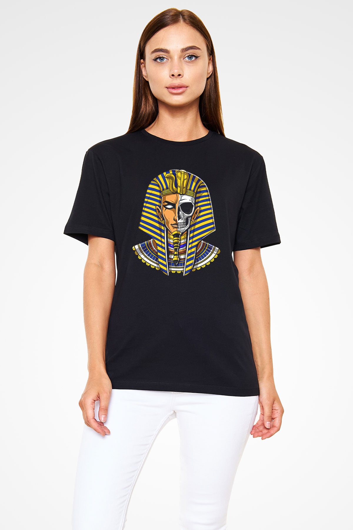 Tutankhamun Baskılı Unisex Siyah Tişört - Tshirt