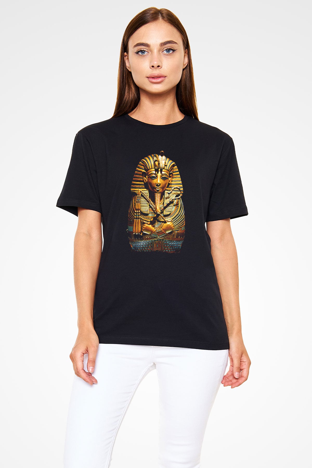 Tutankhamun Baskılı Unisex Siyah Tişört - Tshirt