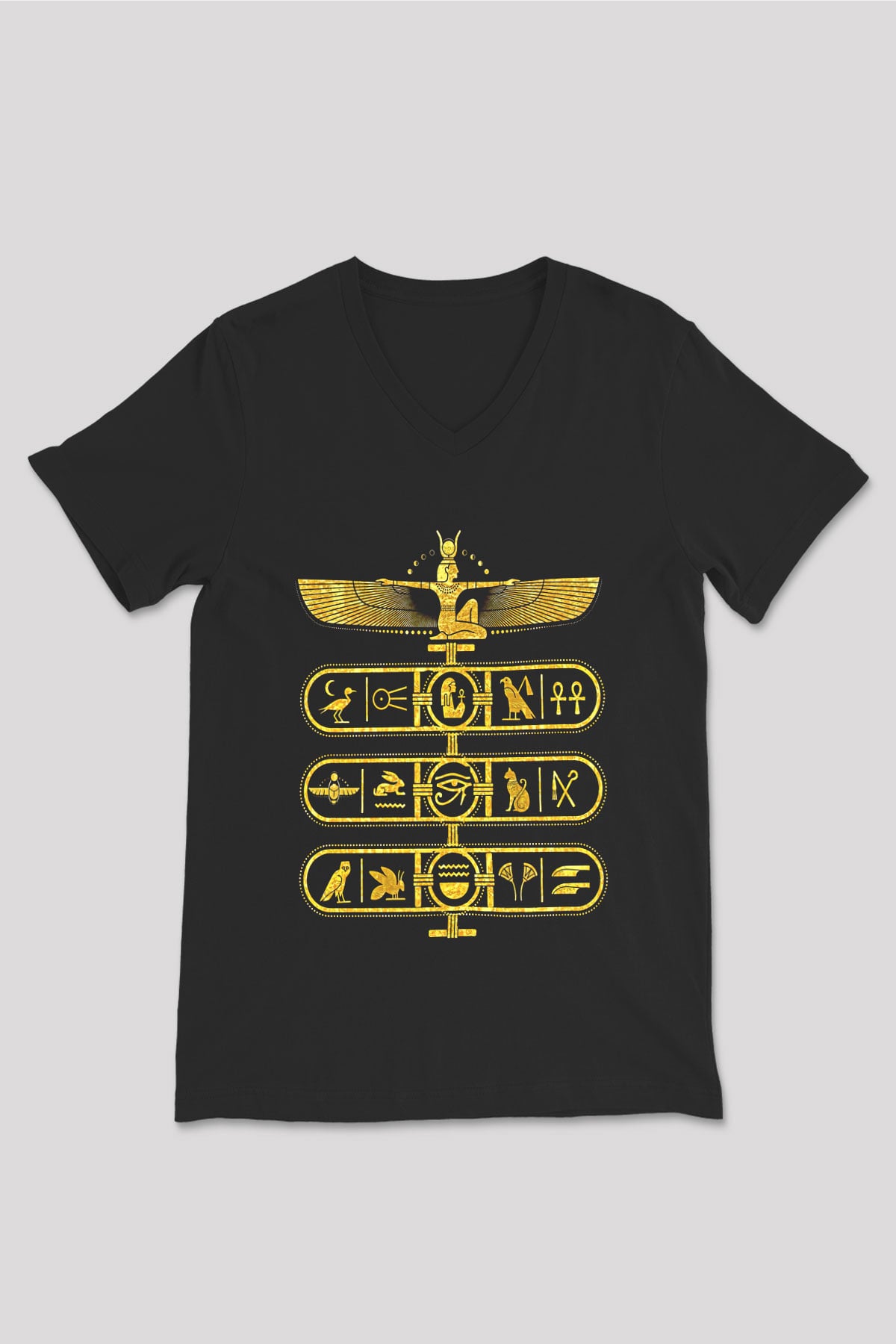 Tutankhamun Baskılı Unisex Siyah V Yaka Tişört - Tshirt