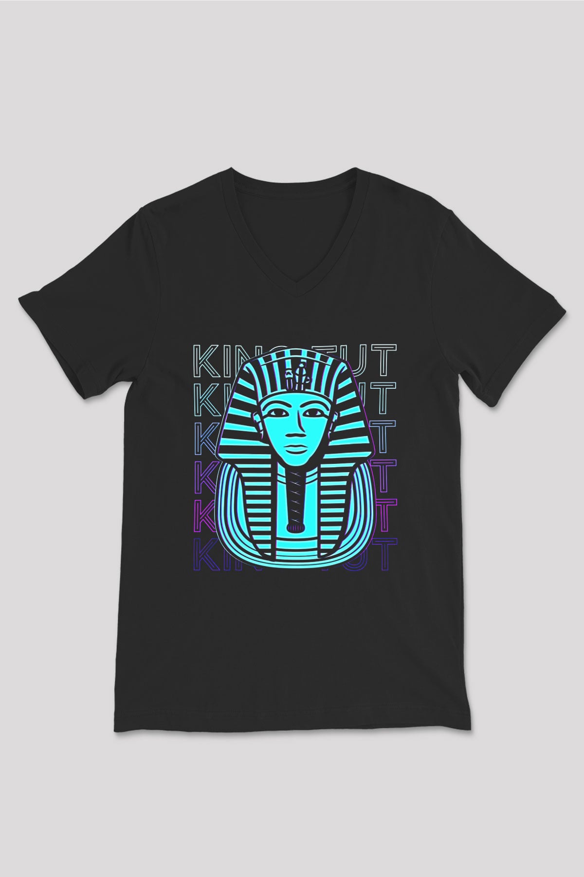 Tutankhamun Baskılı Unisex Siyah V Yaka Tişört - Tshirt