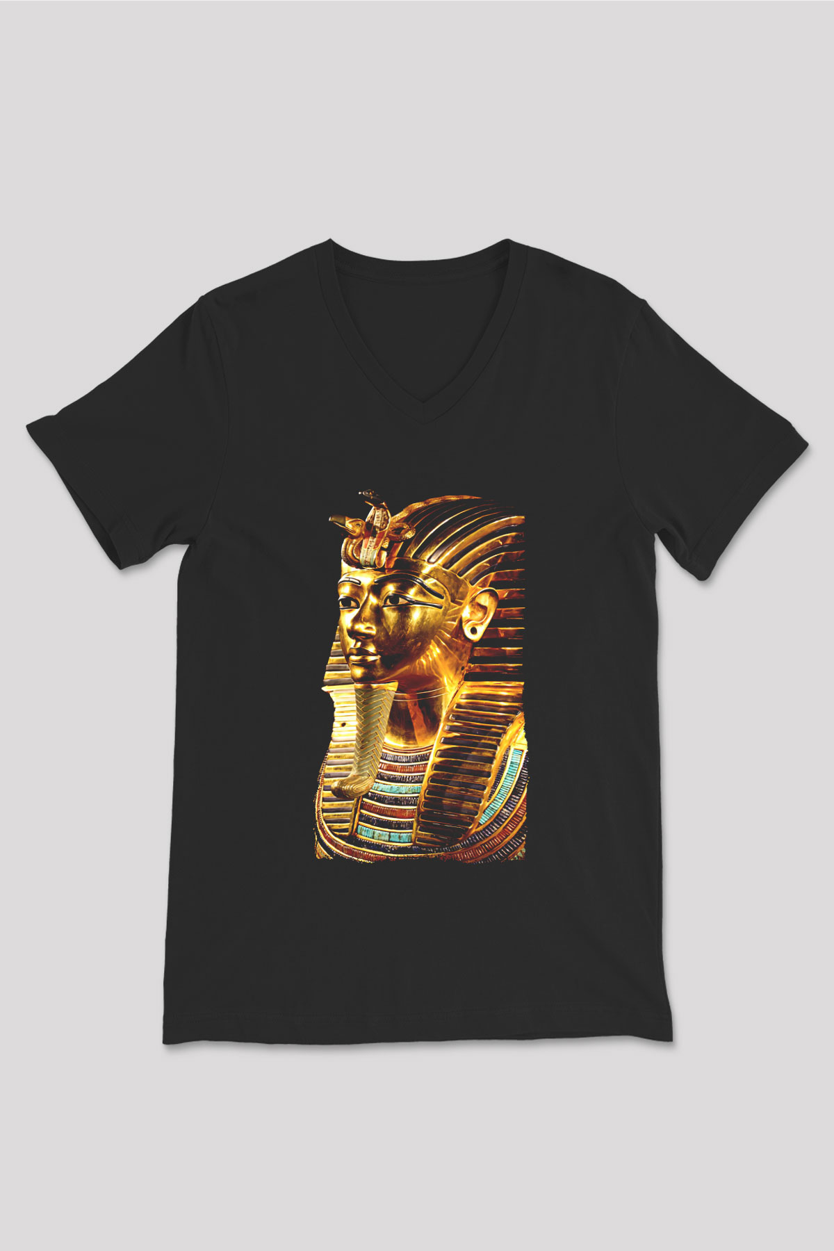 Tutankhamun Baskılı Unisex Siyah V Yaka Tişört - Tshirt